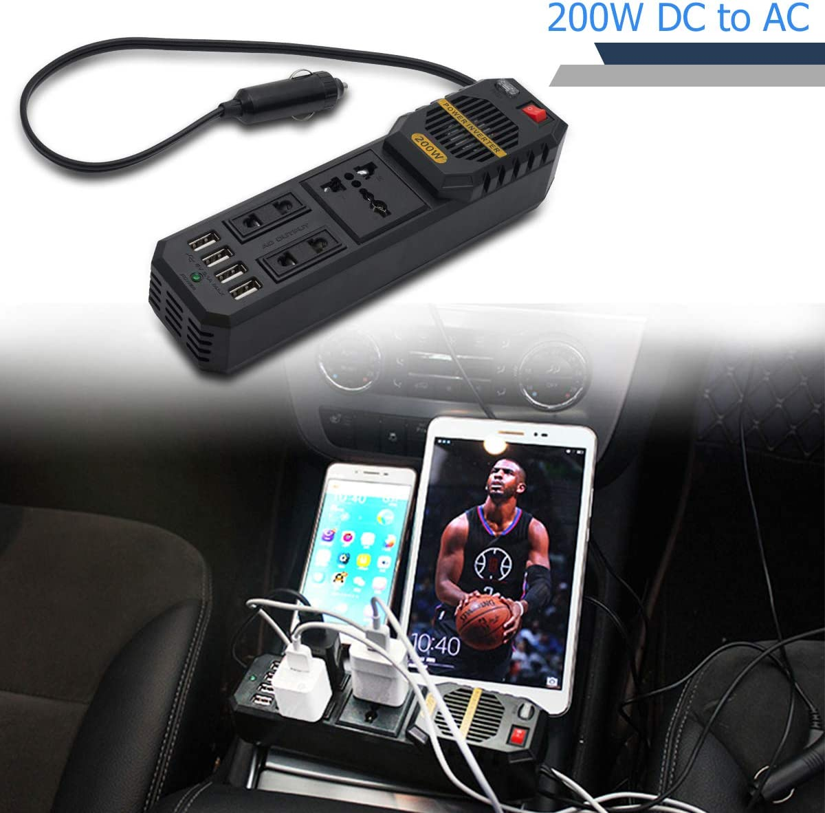 TOP-MAX Car Power Inverter 200W DC 12V to AC 220V Socket Converter Invertor 4USB Charger image number 5