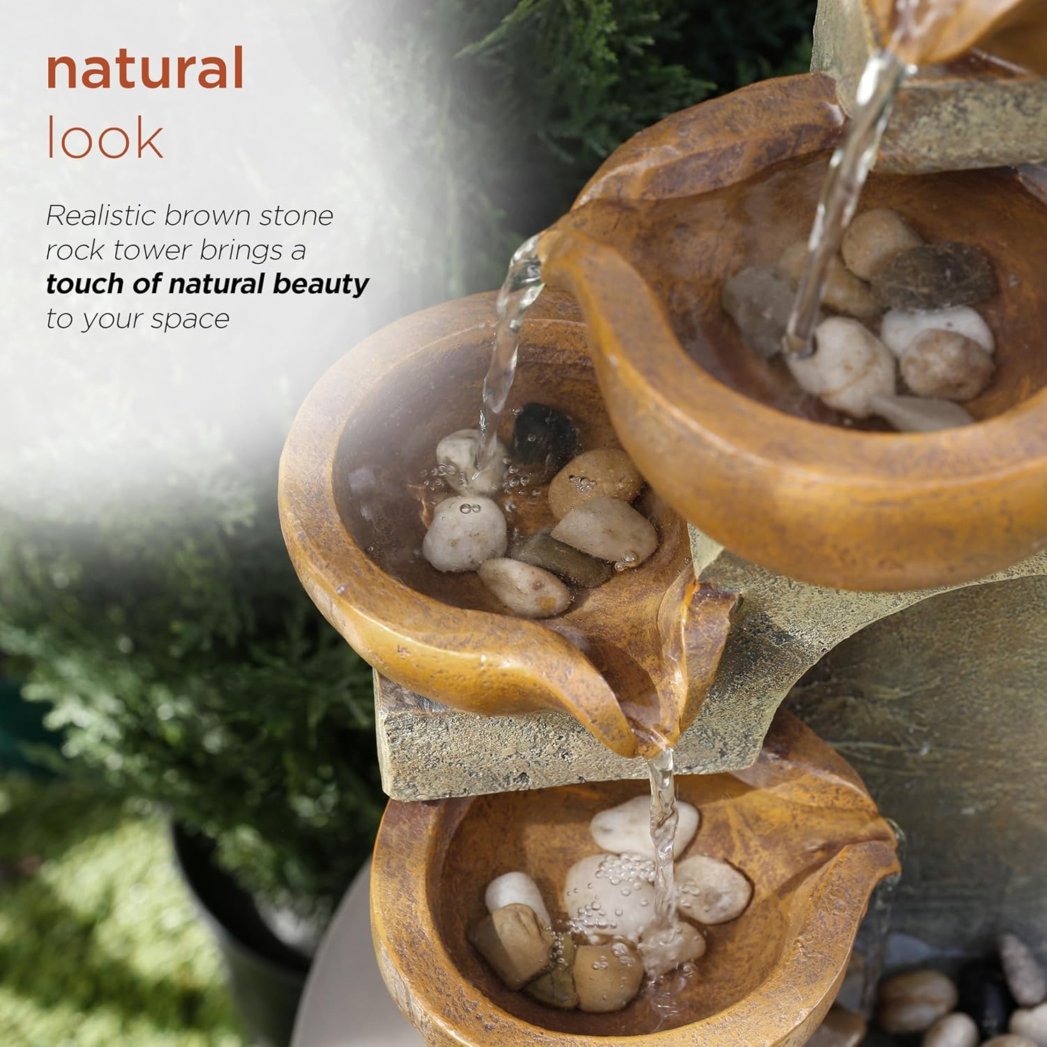Alpine Corporation WCT726 Indoor/Outdoor Tabletop Tiered Pouring Pots Waterfall Fountain with Natural Stone Look, 16", Brown image number 5