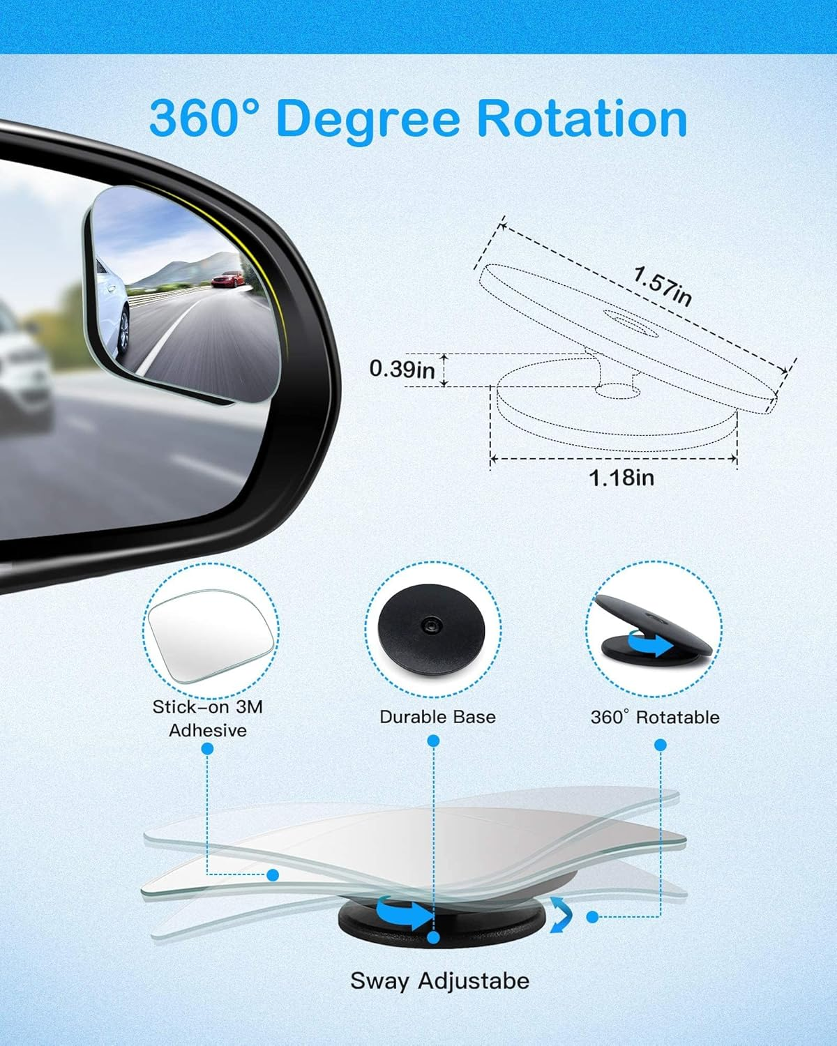 2Pcs Fan Shaped Blind Spot Mirror, 360 Degree Adjustabe HD Glass Blind Spot Mirrors, Frameless Convex Rear View Mirror, for Any Car, Van, Suv and Trucks. image number 5