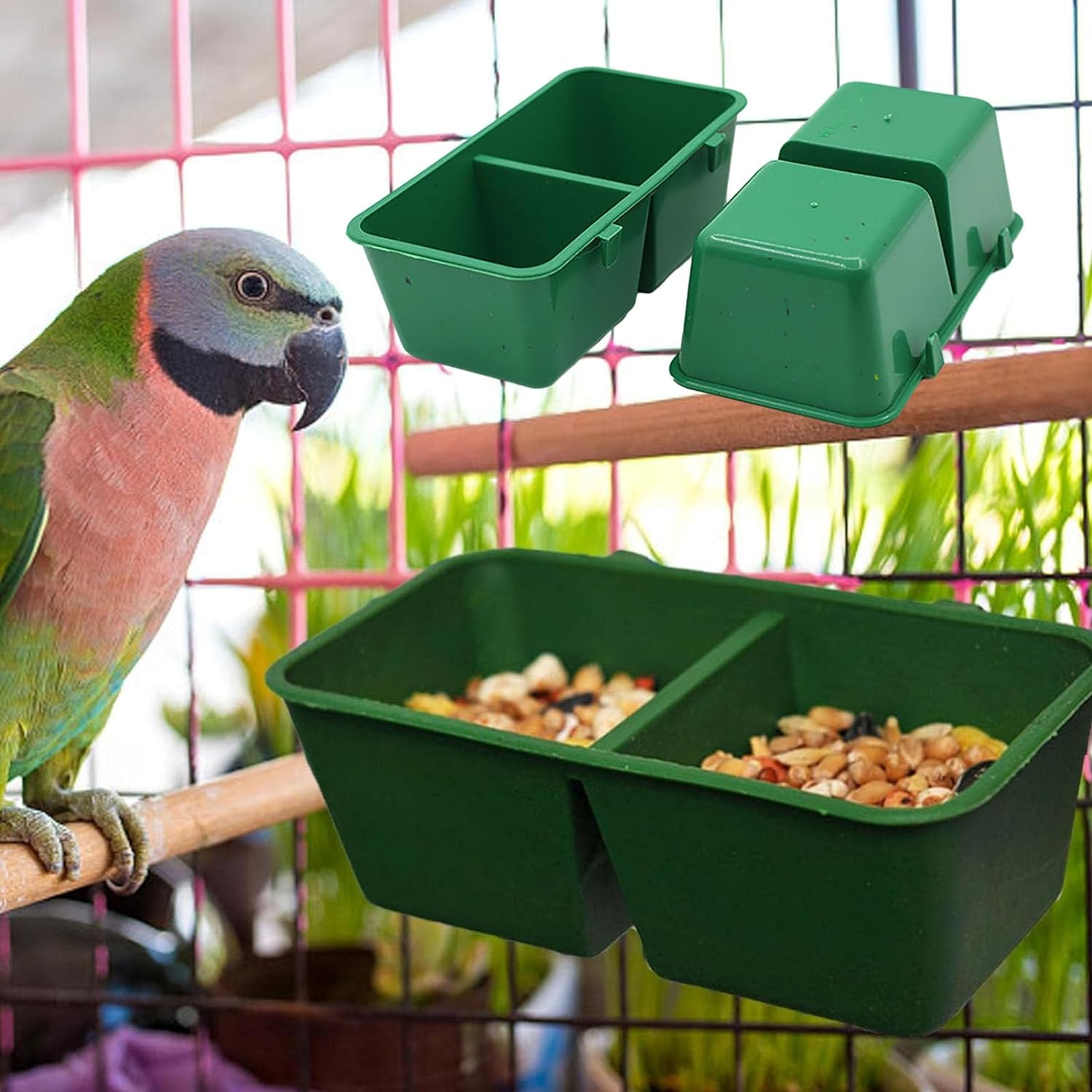No Mess Bird Feeder Upgraded - 2 in 1 Parrot Cage Food and Water Bowl - Double Groove Bird Food Bowl for Cage for Hold Food, Water Universal Conjoined Food Box image number 6