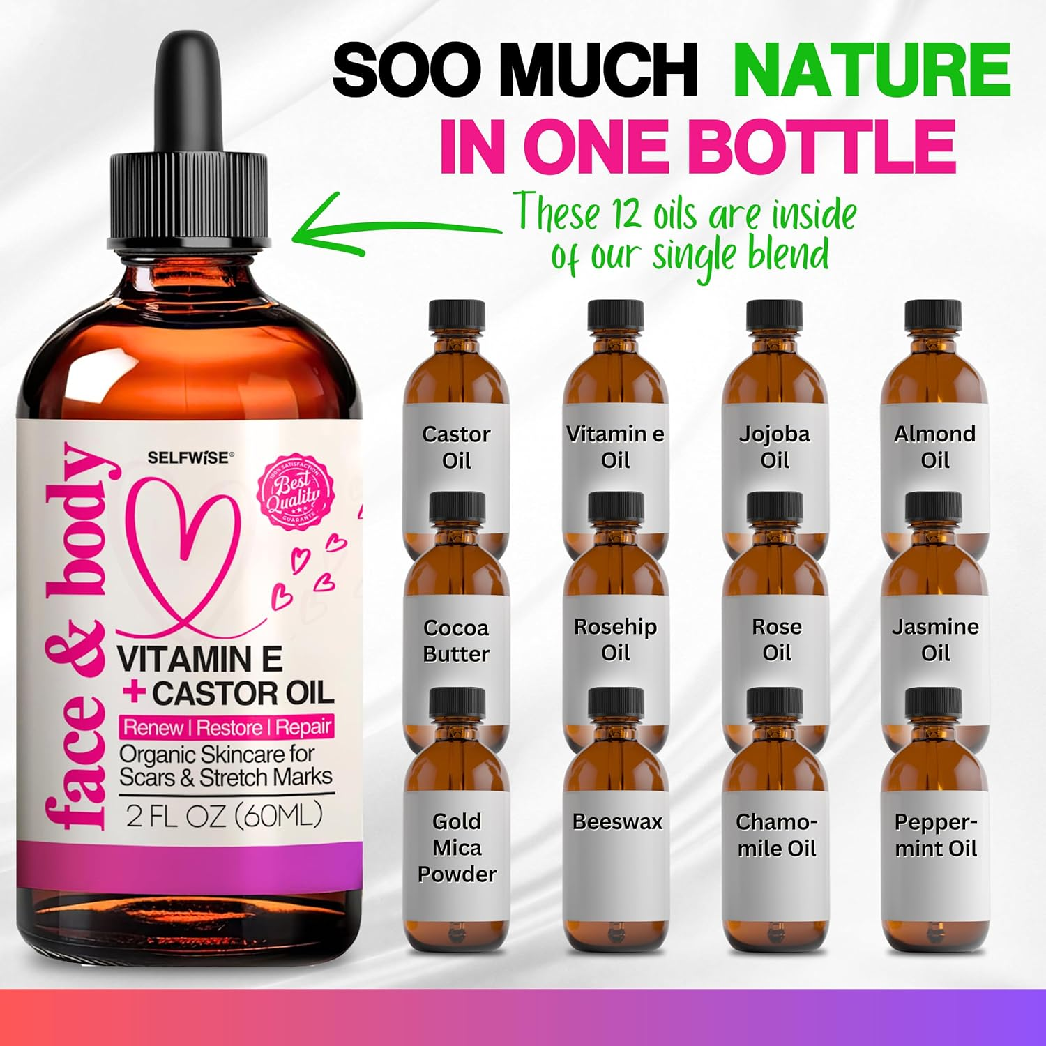 Organic Castor Oil with Vitamin E Face & Body Oil - 12-In-1 Fast Absorbing Multi-Purpose Moisturizing Elixir for Skin, Scars, Stretch Marks & Wrinkles. Cold Pressed, Hexane-Free, All Skin Types image number 3