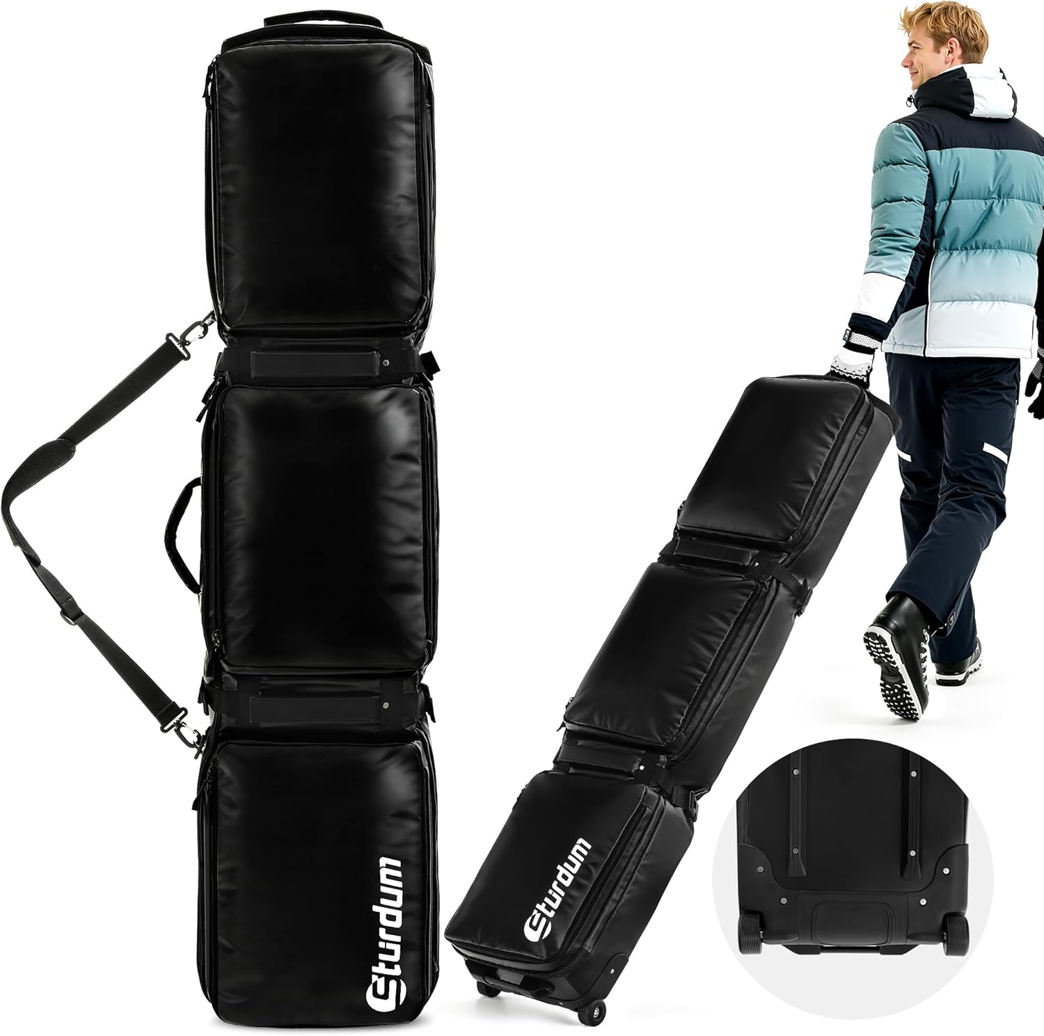 Sturdum Ski Bag with Wheels, Rolling Snowboard Bag for Air Travel, Extendable 155-185CM Wheeled Ski Bag All-Round Padded Protection, for Snowboard, Double Skis, Boots, Helmet, Ski Gear image number 2