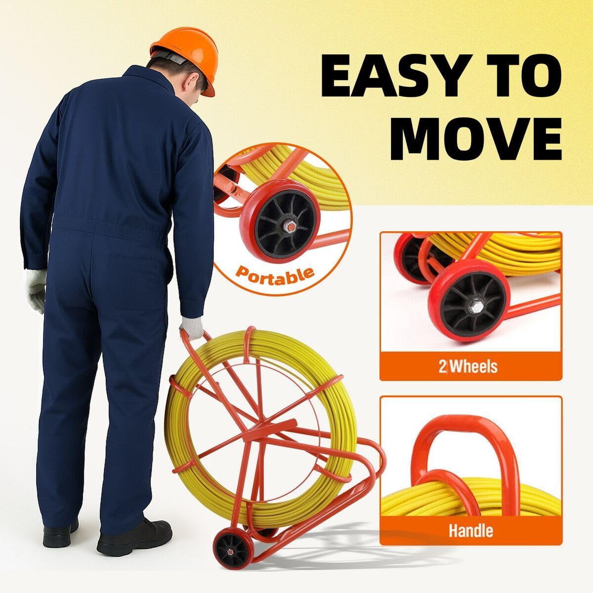 AUSWAY Fish Tape Puller Fibreglass Wire Cable Running Rod Duct Rodder 150Mx8Mm Electrical NBN Fishtape Pulling Tool Brake Wheels Portable Steel Reel Stand image number 2