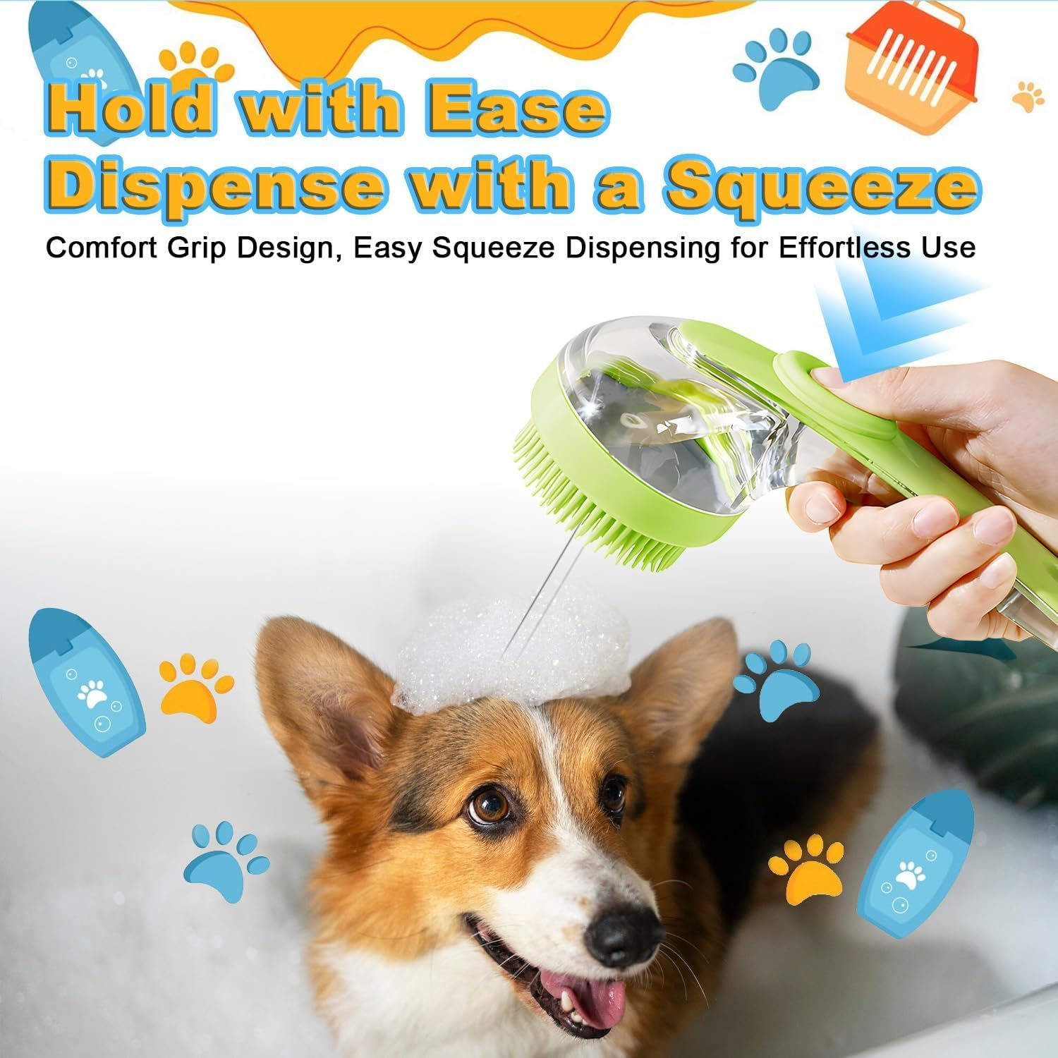 3Pcs Dog Bath Brush Set - Shampoo Brush & Bubble Maker with Adjustable Handle, Paw Washer & Massage Grooming Tool for Short/Long Hair Dogs & Cats (Blue Yellow Green) image number 4