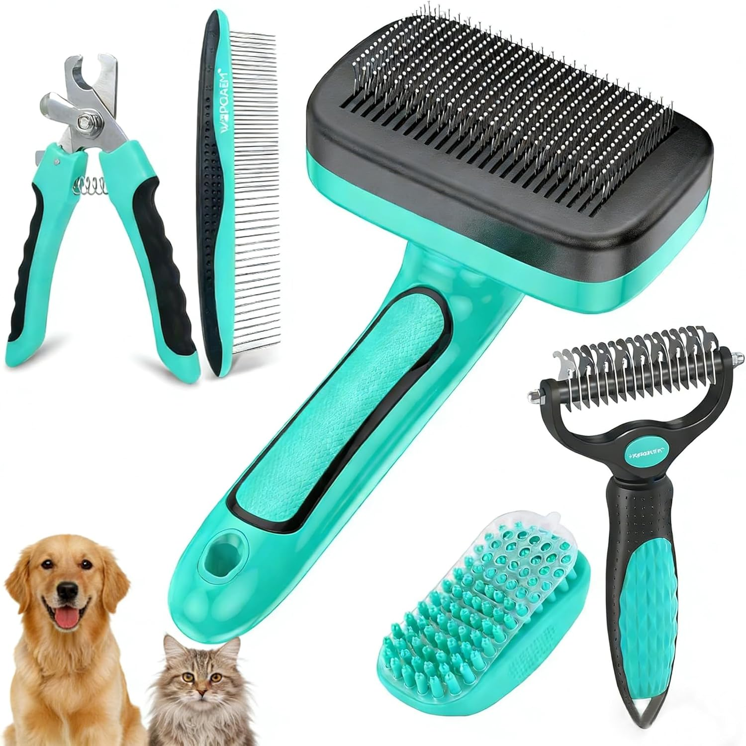 WOPQAEM Dog Brush Kit for Grooming Short & Long Haired Dogs & Cats, 5 in 1 Pet Grooming Set for Small Animals, 5 PCS Puppy Self-Cleaning Slicker Brush and Pet Comb for Shedding Medium & Large Dogs - Black image number 5