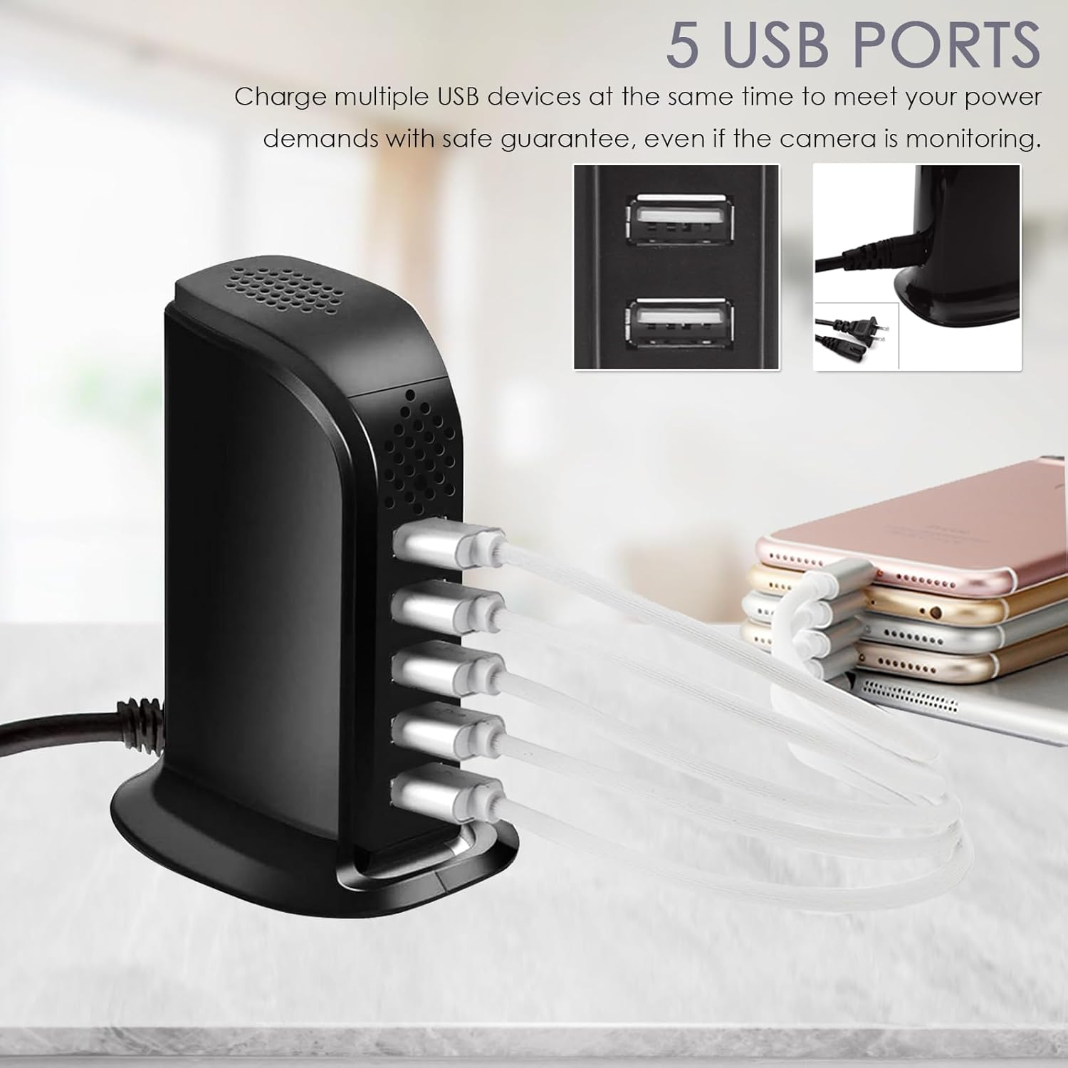 4U Spy Hidden Camera, Wifi USB Charger Camera 5-Port USB Hub 1080P Wireless Security Nanny Cam Mini Video Recorder with Motion Detection, Support Ios/Android for Home