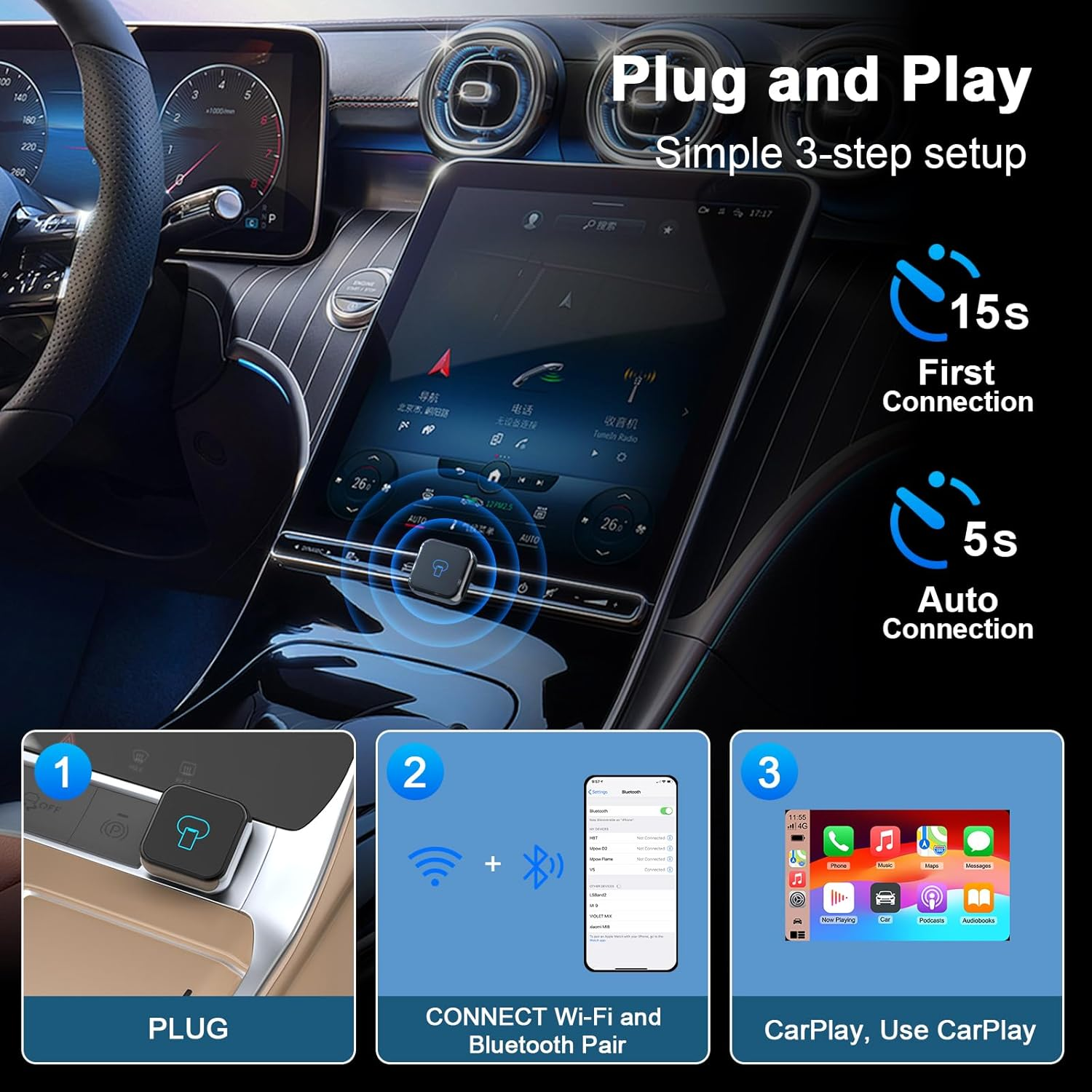 Wireless Carplay Adapter for Iphone, 2025 Upgrade Convert Wired Carplay to Wireless, Mini USB Design with Built-In Wired Apple Car Play Adapter, Plug-And-Play, Stable Connection Car Play for Iphone