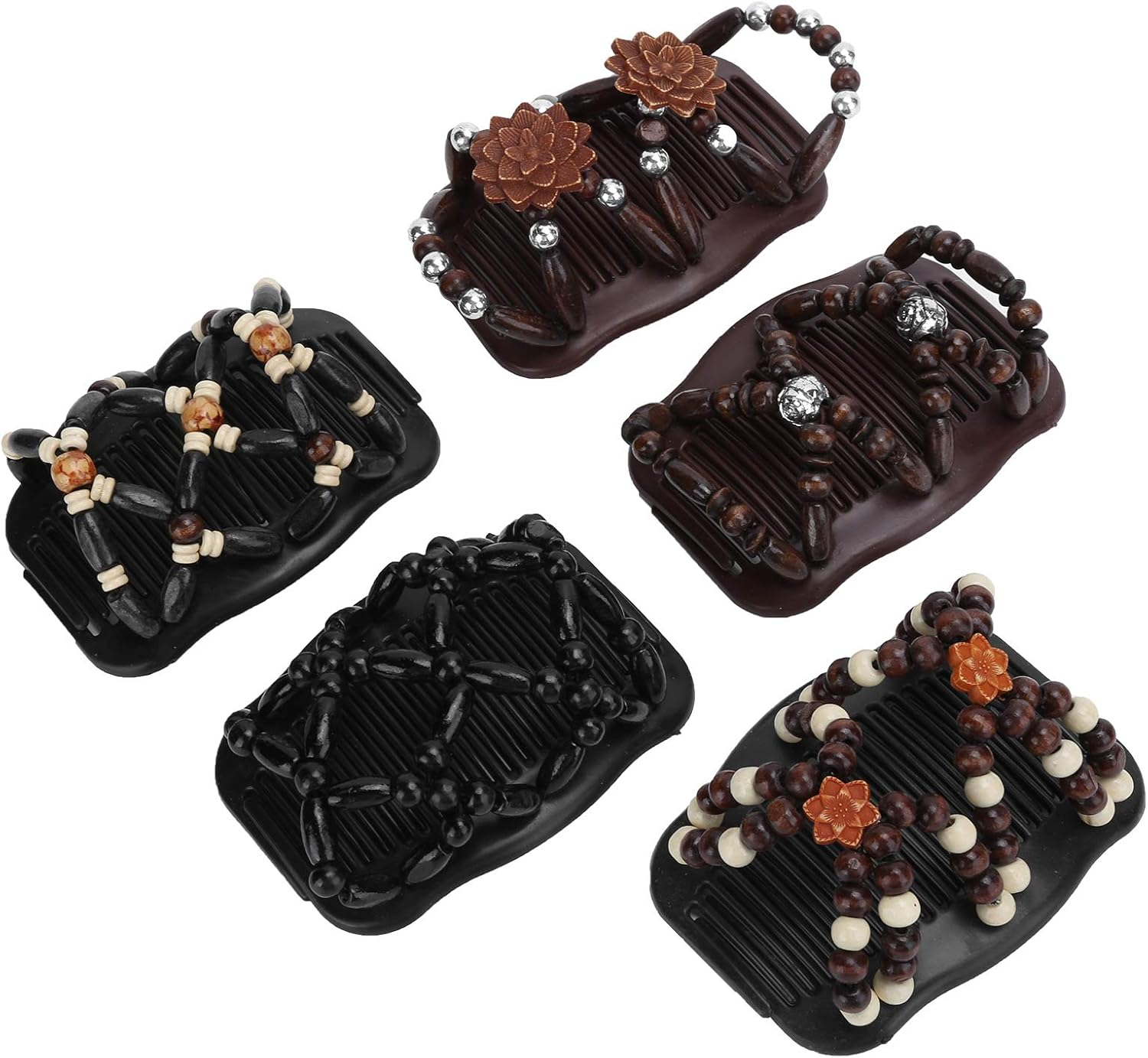 5Pcs Hair Combs Vintage Beads Stretchy Magic Clips Wooden Beads Double Hair Comb Clip Stretchy Women Hair Accessories Hair Styling Tool Double Comb Hair Clips Magic Hair Comb image number 4