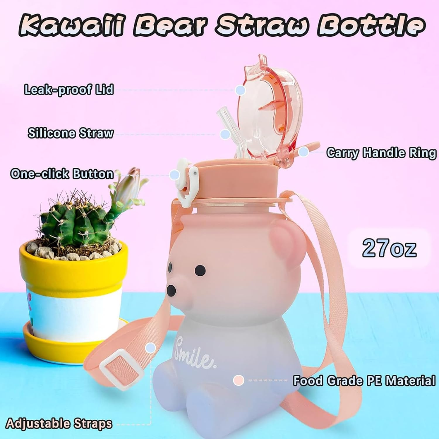Kawaii Water Bottle Cute Teddy Bear Water Bottles with Straw, Adjustable Strap, Portable Leakproof Bpa-Free Drinking Cups 27Oz for Girls School Sports Travel (Pink/Blue) image number 6