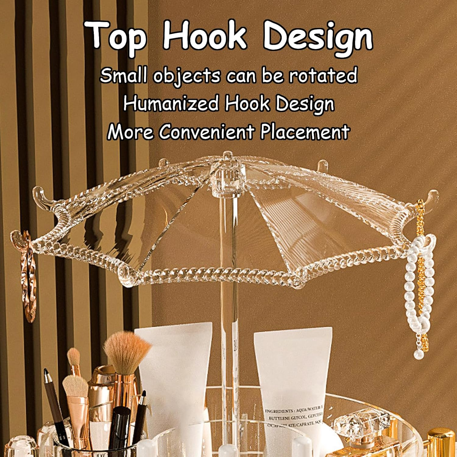 Taoluwin 360&deg; Rotating Makeup Organiser, 10-Compartment Makeup Storage Drawer Case with Detachable Base, Transparent Cosmetic Storage Case & Brush Holder for Bathroom Vanity image number 3