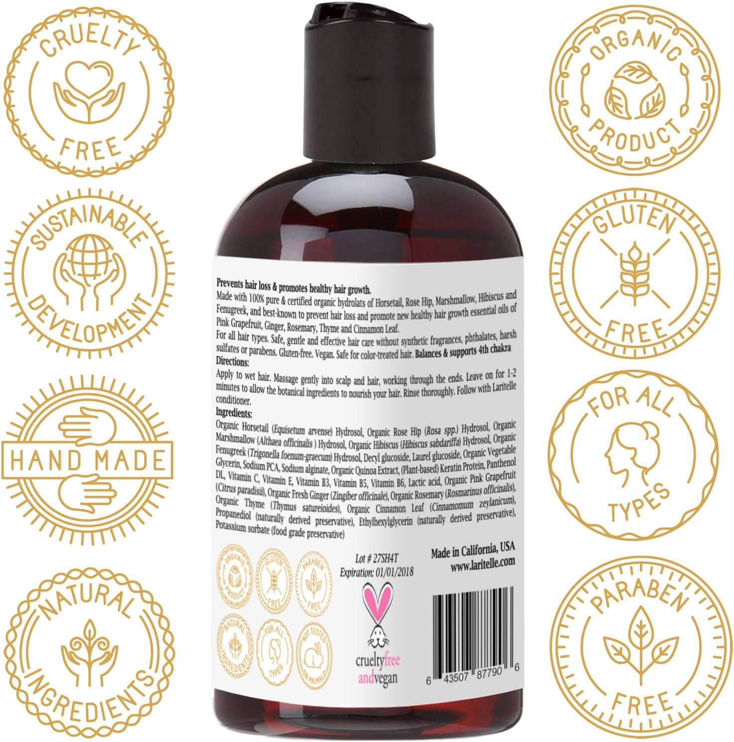 Laritelle Organic Travel Size Shampoo 2 Oz Organic Quinoa + Keratin + Follicle Stimulating Rosemary, Ginger & Grapefruit Hair Loss Prevention, Clarifying, Softening, Strengthening NO GMO. Vegan image number 6