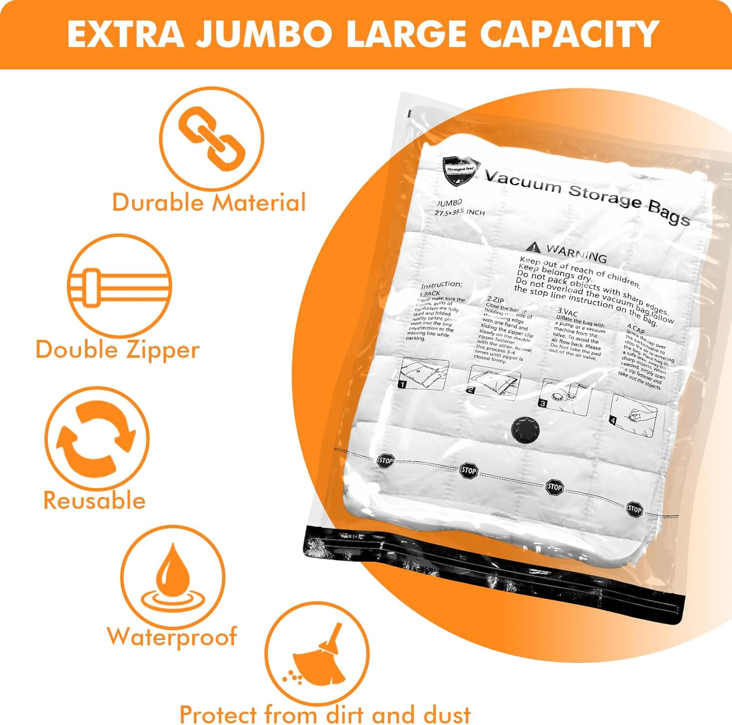 Vacuum Storage Bags (3 X Jumbo, 3 X Large, 3 X Medium, 3 X Small), Space Saver Sealer Compression Bags with Travel Hand Pump for Blankets, Comforters, Pillows, Clothes Storage image number 3