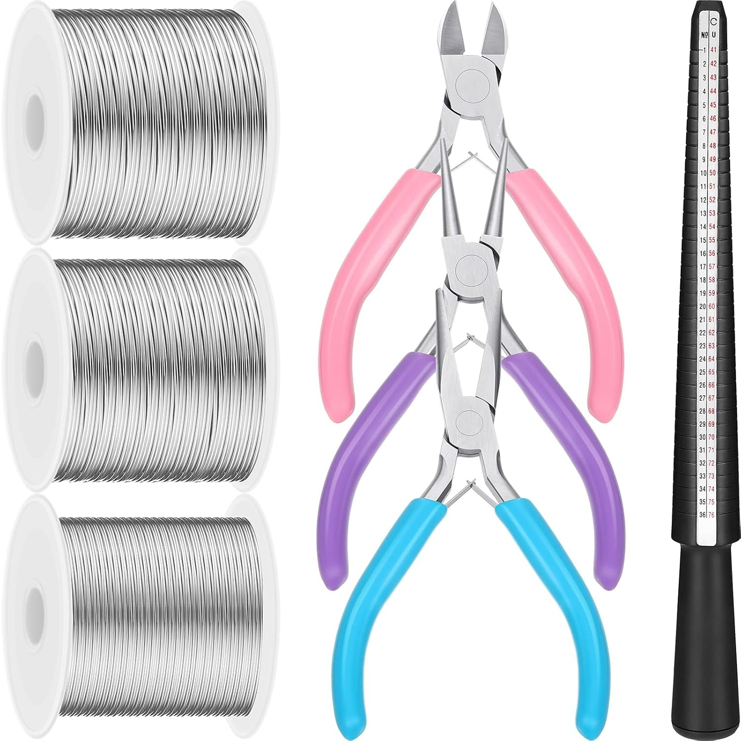 3 Rolls 18/20/22 Gauge Craft Jewelry Wire Aluminum Wire with Ring Sizer Pliers for Jewelry Making (Silver) image number 2
