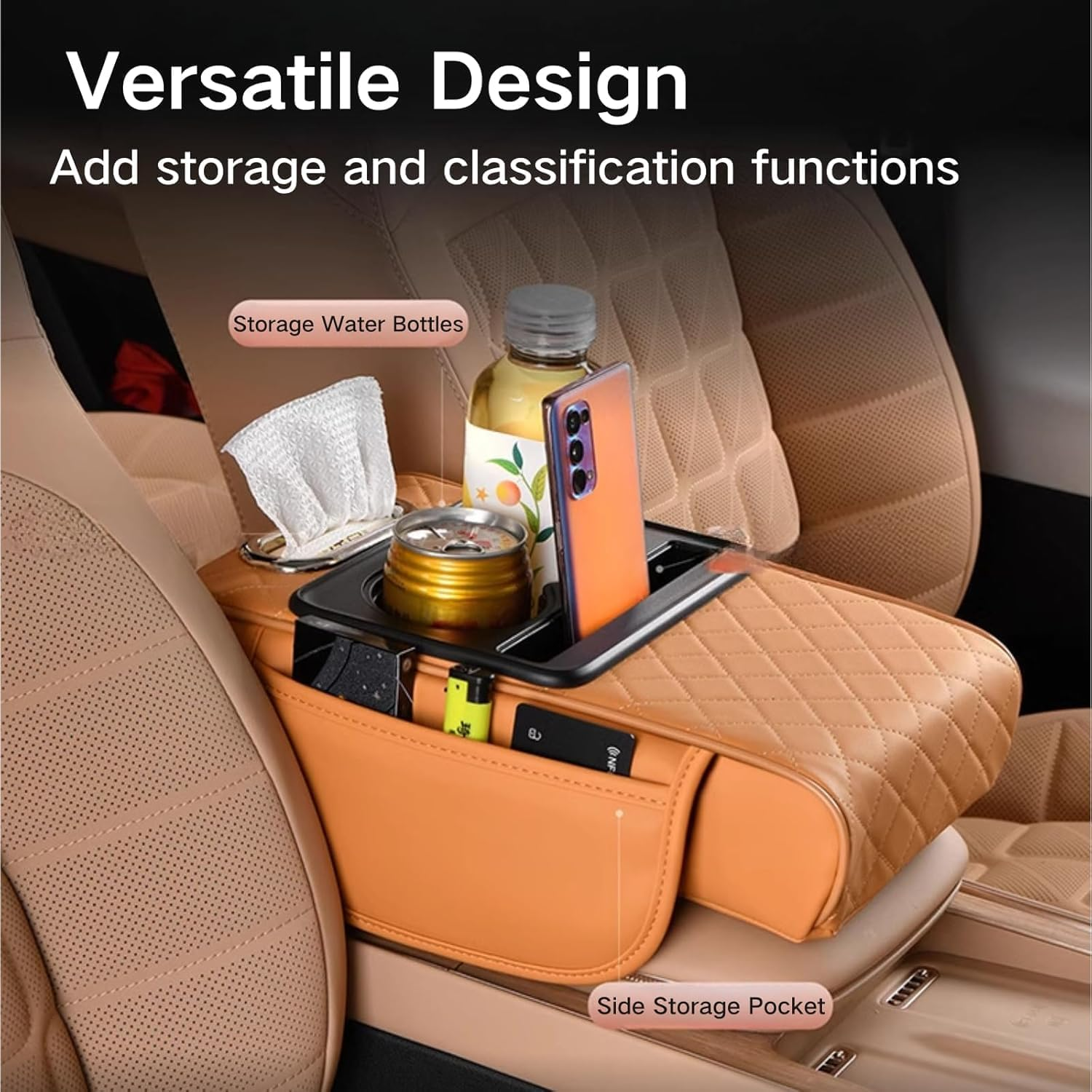 Integrated Pressurized Multifunctional Car Armrest Heightening Pad, Car Armrest Box Storage Bag, with 2 Cup Holder, Phone Slot, Tissue Box, Side Pockets, for All Carmodels (Grey) - Black image number 7