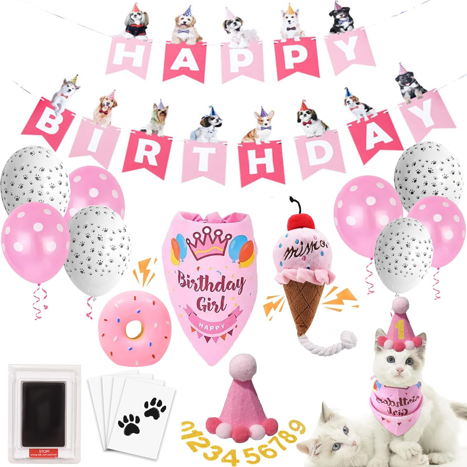 Dog Birthday Party Supplies Set, Blue Puppy Celebration Kit with Happy Birthday Banner Balloons Bandana Hat, DIY Paw Print Kit, Squeaky Toys Glitter Age Numbers Puppy'S First Birthday