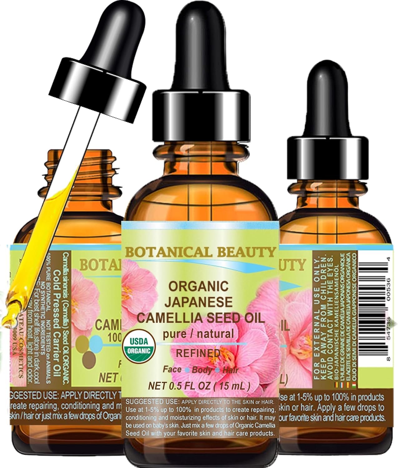 Botanical Beauty Japanese ORGANIC CAMELLIA Seed Oil. 100% Pure Natural Undiluted Refined Cold Pressed Carrier Oil to Revitalize and Rejuvenate the Hair, Skin and Nails. 0.5 Fl. Oz 15 Ml image number 6