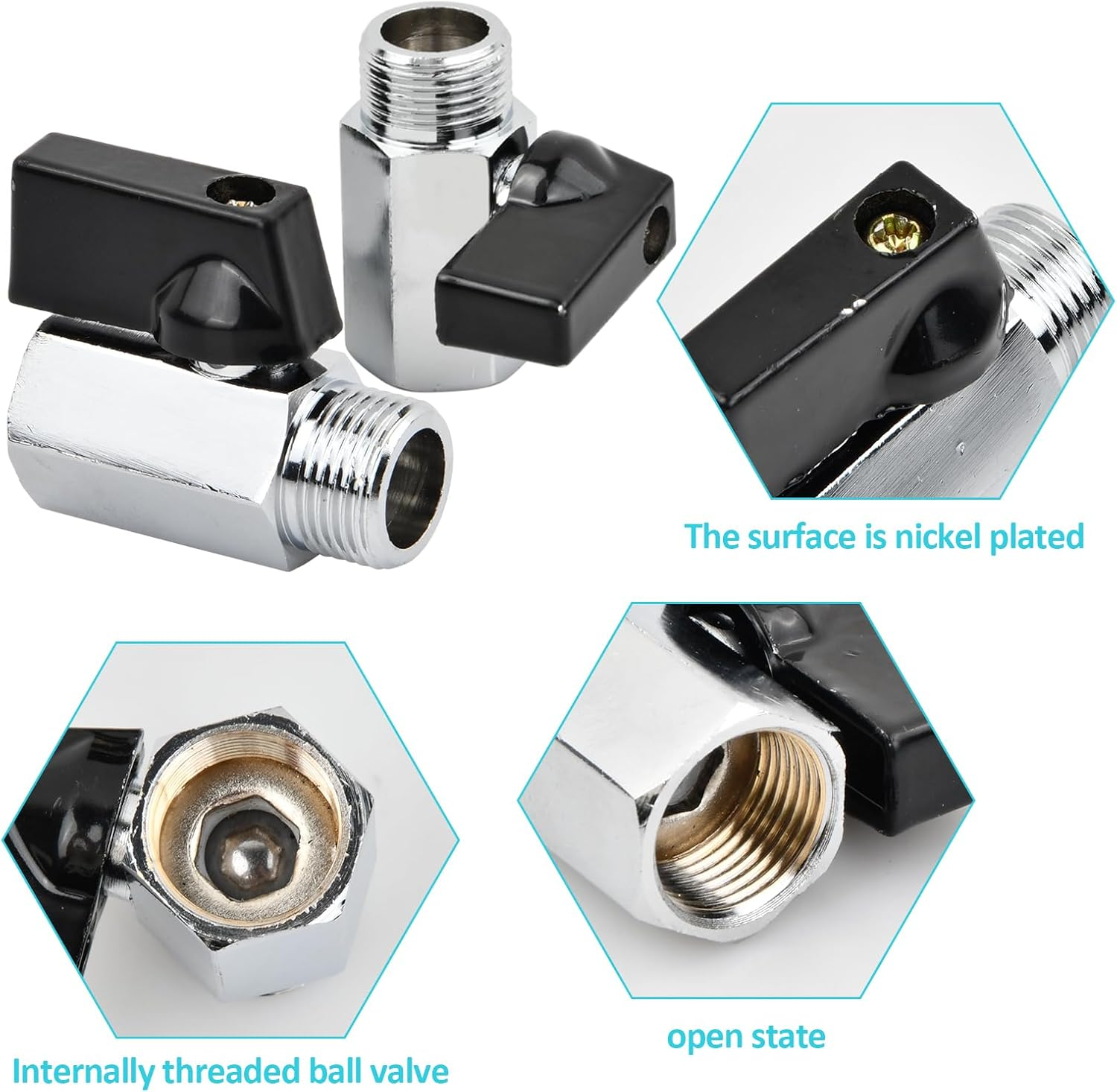2 Pcs 3/8 NPT Brass Mini Ball Valve, NPT Female to Male Shut off Valve, Heavy Duty Nickel Plated Copper Mini Ball, for Pipe Coupler Connector, Black image number 4