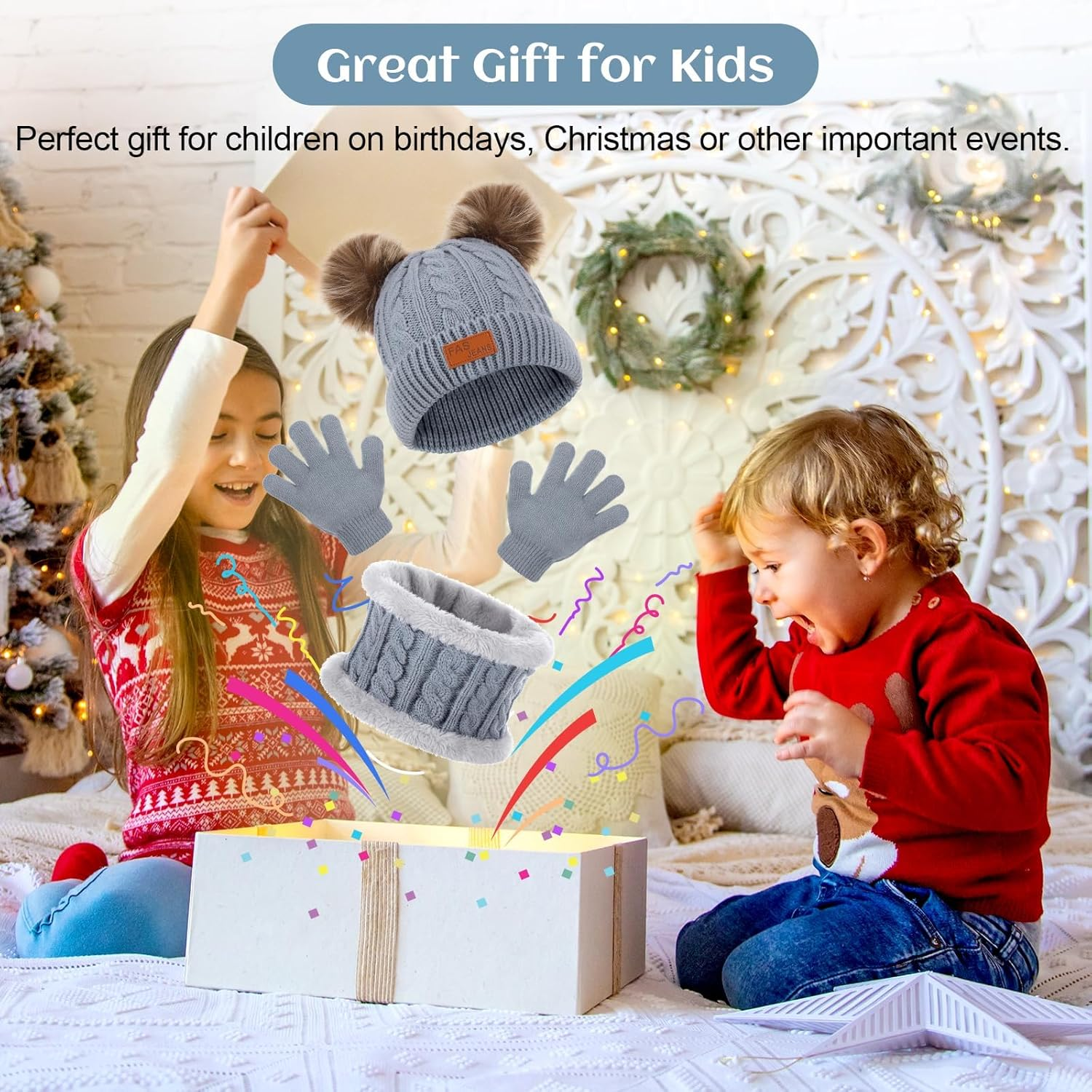 Kids Hat Scarf Gloves Set, 3 in 1 Winter Pom Pom Hat Scarf Gloves Set for Girls Boys, Thermal Knit Thick, Kids Winter Warm Beanie Hat Scarf Gloves Set for 1-5 Toddler Outdoor Activities image number 2