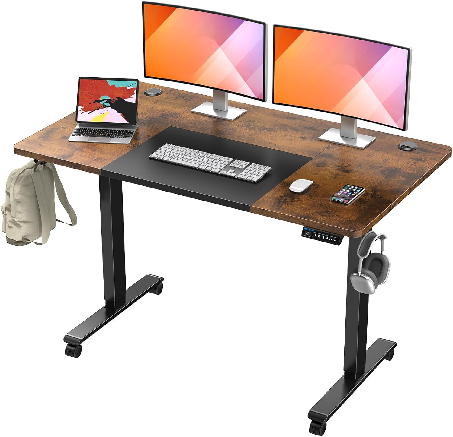 MOUNTUP Electric Standing Desk 140X70Cm (55X28) Height Adjustable, Sit Stand Desk with Memory Controller, Ergonomic Stand up Desk for Home Office with Splice Board, Rustic Brown+Black