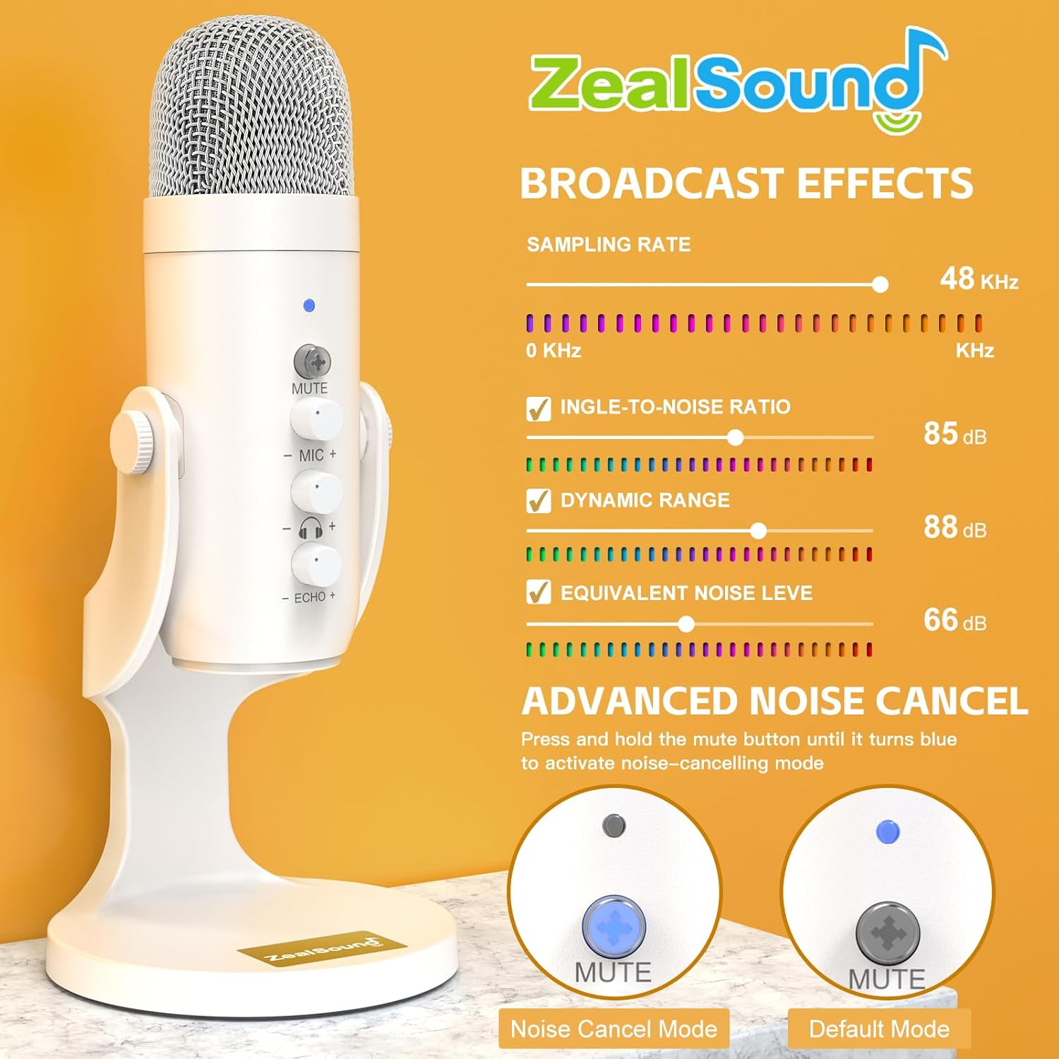 Zealsound USB Microphone,Quick Mute Noise Cancel for Phone Computer PC Ps5,Gaming Microphone with Gain Control,Echo Monitor Volume Adjust for Streaming Vocal Recording ASMR Podcast Video K66 White image number 3