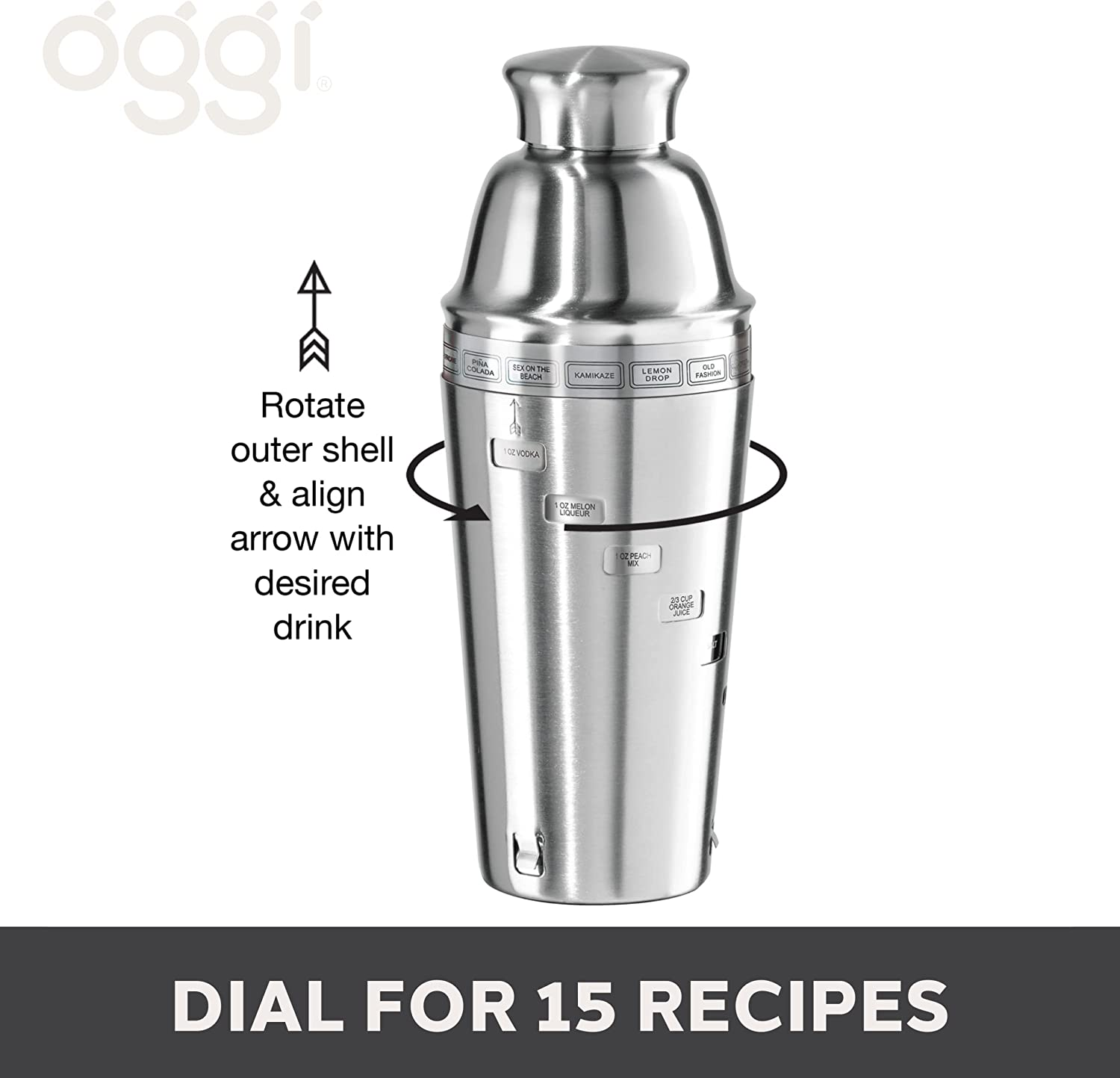 OGGI Dial a Drink Cocktail Shaker - Warm Gray, 15 Recipes, Built in Strainer, 34 Oz - the Original and Only Dial a Drink - Ideal Home Bar Drink Mixer, Bartender Kit, Essential Bar Accessories image number 4