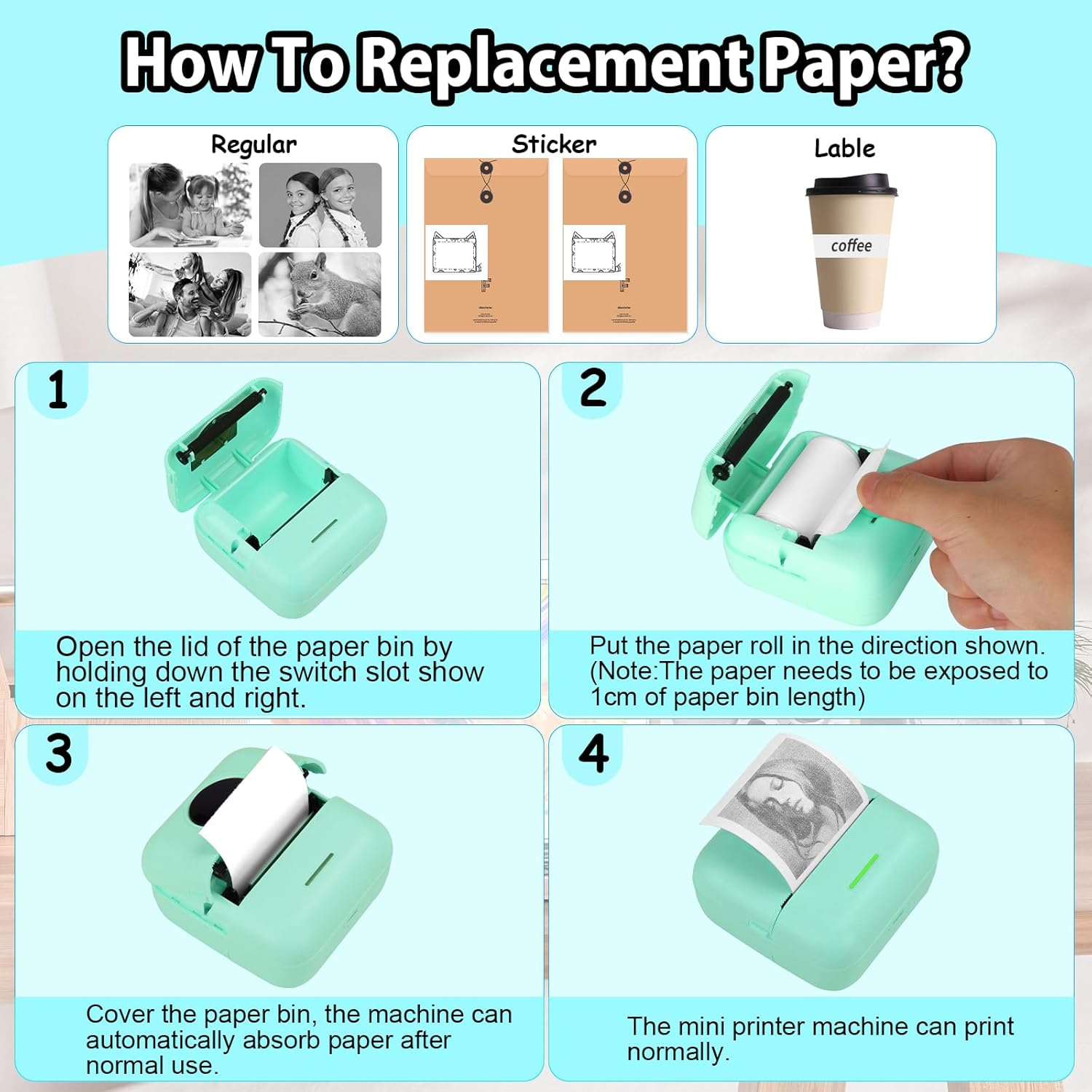 Huijukeji Inkless Sticker Printer Mini Thermal Printer with 10 Rolls Thermal Paper,Color Pen for Ios&Android, Bluetooth Pocket Printer Smart Portable Receipt Printer for Photo Journal Notes Memo-Green - Orange image number 2