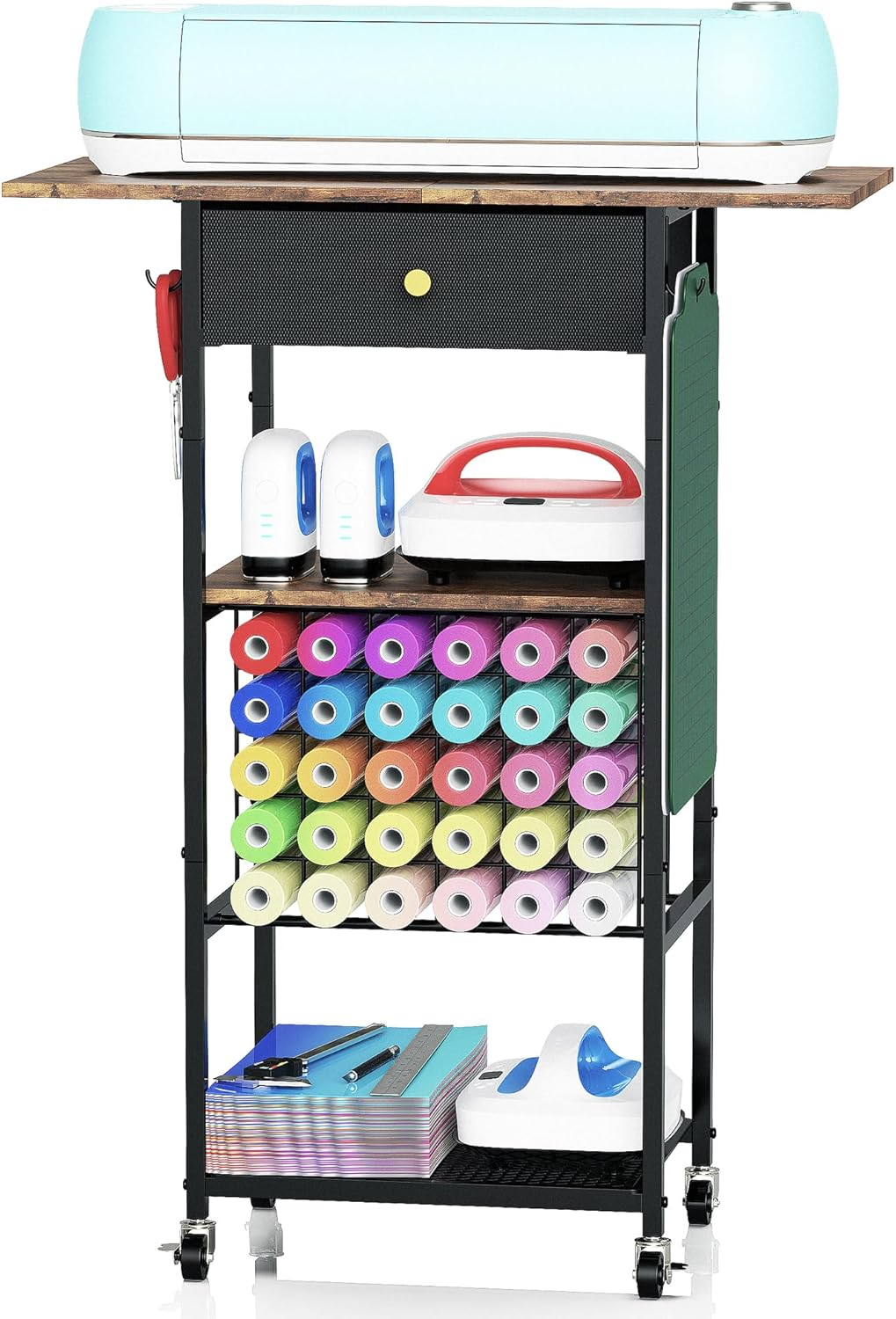 Rolling Craft Table with Storage with 30 Vinyl Roll Holder and Drawer, Craft Storage Cart Compatible with Cricut Machines, Craft Storage Cabinet Organizer Workstation for Craft Room Home (Black) image number 4