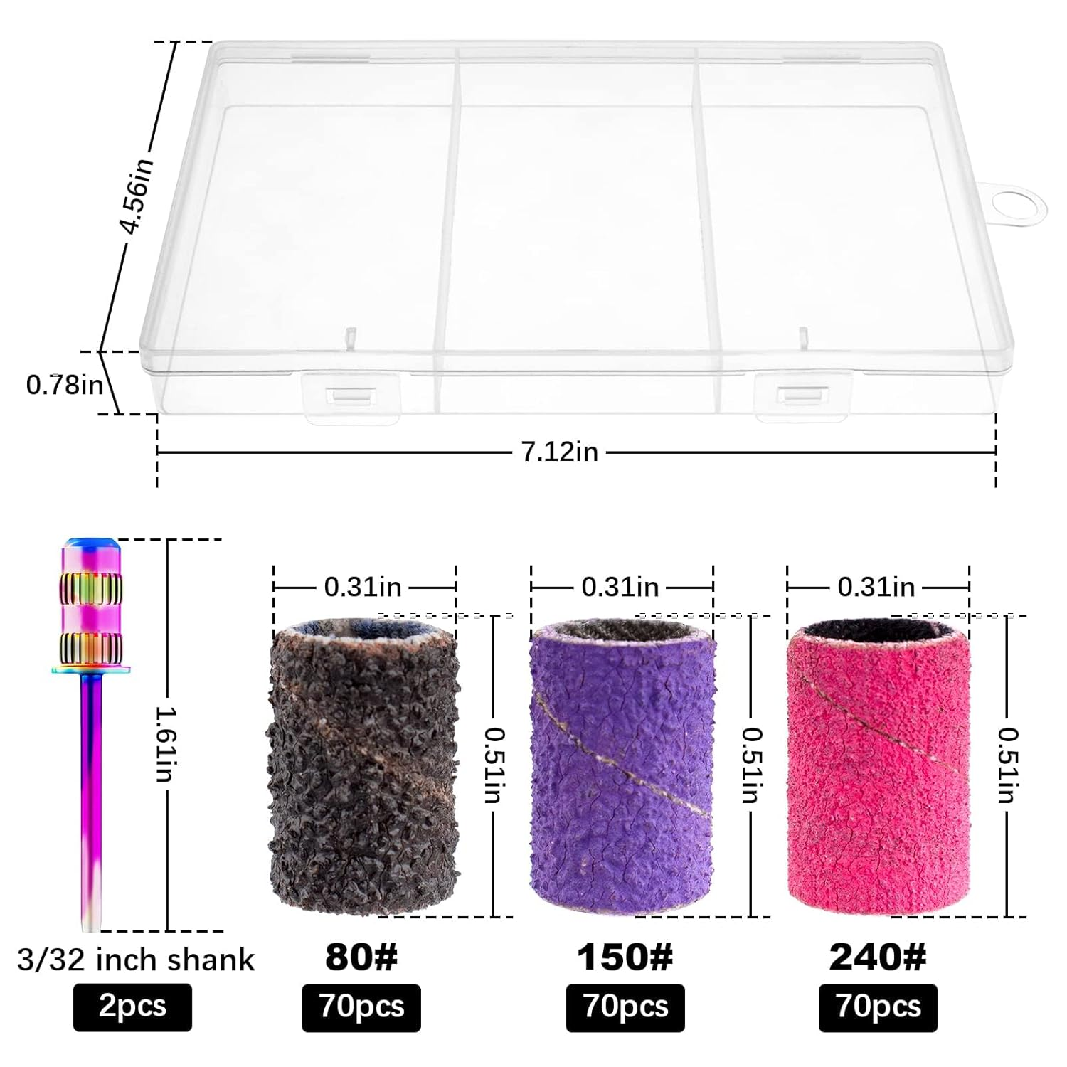 GOMRQING Sanding Bands for Nail Drill - 210 Pcs Coarse Fine #80#150#240 with 3/32" Mandrel Bit Boxed for Electric Nail Drill image number 4