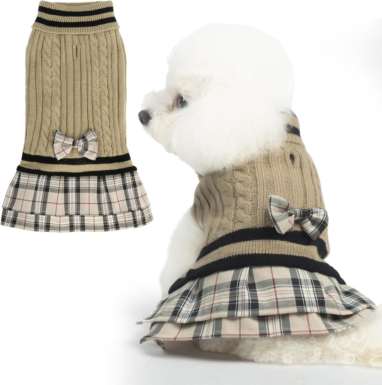 PAWCHIE Dog Sweater Dress with Bowtie - Dog Turtleneck Pullover Knitwear for Small Dogs Girls Cold Weather Sweater with Leash Hole, Suitable for Small Medium Dogs Puppies