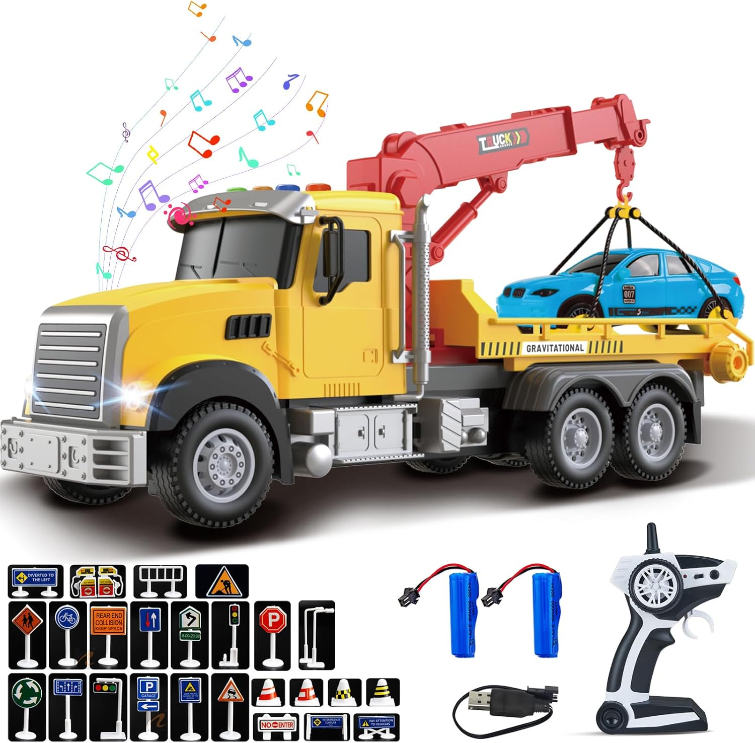 Yiwsnust Remote Control Tow Truck Toy &ndash; 2.4Ghz RC Tow Truck with Racing Car, 4 Channel Transport Crane Truck with Lights, Sounds, 28PCS Traffic Signs, 2 Batteries, RC Truck Kids Toys for 6 7 8 Boys image number 2