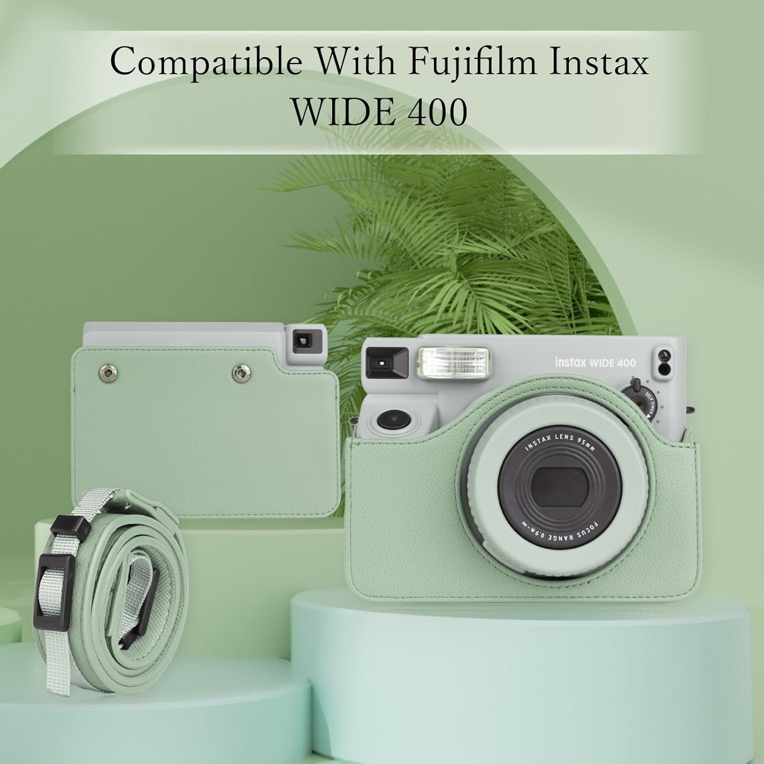 Rieibi Camera Case Compatible with Instax Wide 400，Carrying Case for Fujifilm Instax Wide 400 Instant Camera，Retro PU Leather Camera Bag，Protective Case with Shoulder Strap - Green image number 6