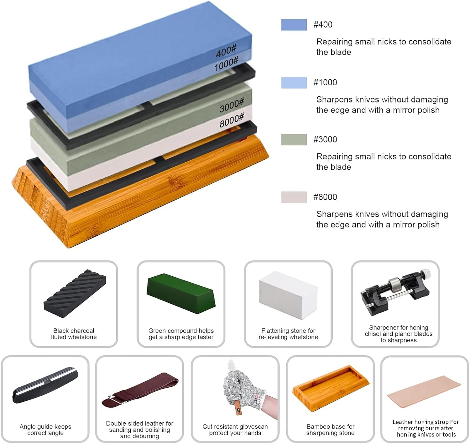 TFMODBFA Knife Sharpening Stone Set - 2 Side Grit 400/1000 3000/8000 Kitchen Knife Sharpener Stone, Professional Kitchen Sharpener Stone Includes Non-Slip Rubber Bases, Flattening Stone image number 6