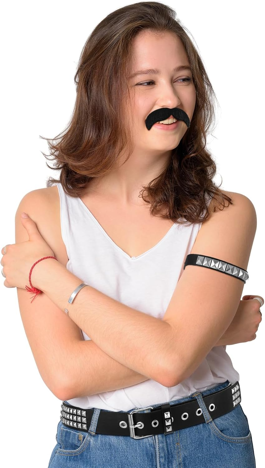 Rock Band Costumes Accessories Halloween Rocker Costume Studded Belt and Armband Self Adhesive Mustache 70S 80S 90S Metal Punk Rock Party Cosplay Gothic Rocker Accessory for Women Men, Black image number 3