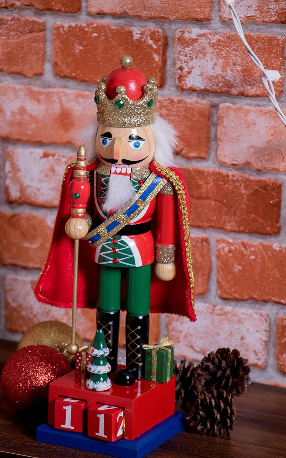 Clever Creations Traditional King Nutcracker Collectible Wooden Christmas Nutcracker | Festive Holiday D&eacute;cor | Advent Calendar Stand | Red and Green | Holding Gold Scepter | 100% Wood | 15" Tall