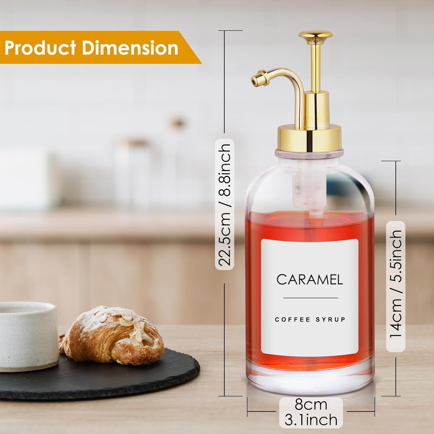 2Pack Coffee Syrup Dispenser, 500Ml Pump Dispenser for Coffees Home Bar, Glass Syrup Bottle Gold Pump, Coffee Pump Dispenser Included Funnels and Labels image number 6