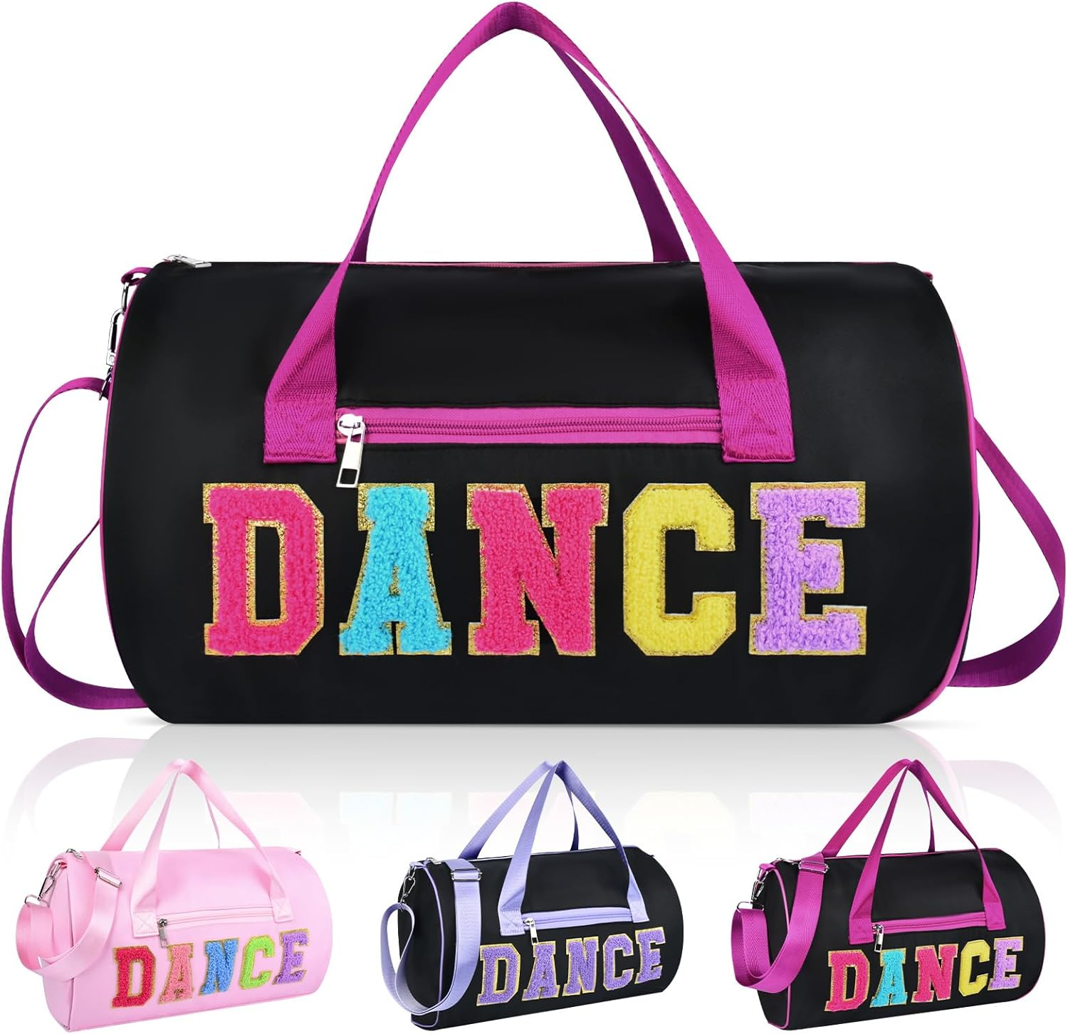 Dance Bag for Girls KUIRAN Small Gym Bag for Women Duffel Bag Weekender Duffel Bag 23L Capacity Workout Chenille Letter Bag for Dancers, Girls, Teens, Student Athletes, Black/Shoe Compartment, 15"Lx10