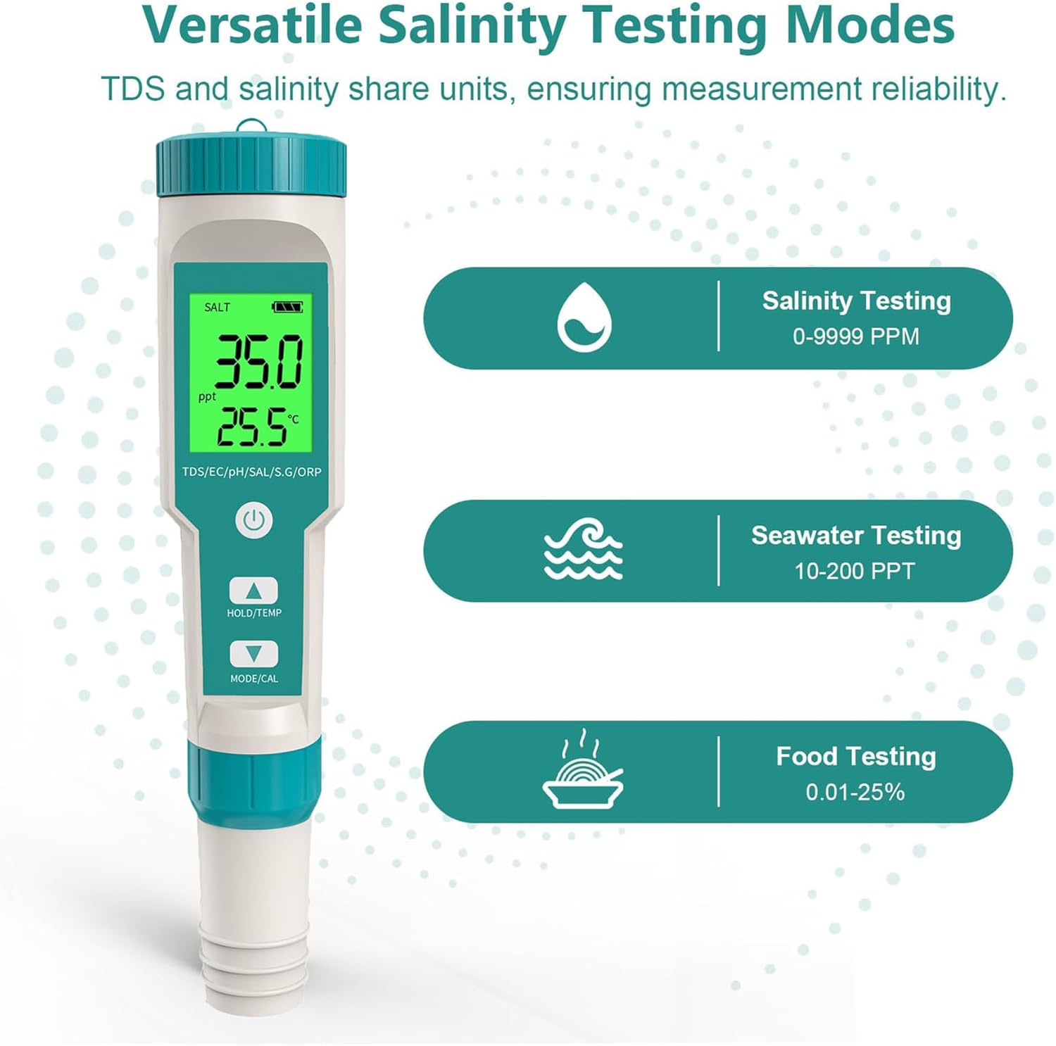 Ph Meter, 7 In-1 Ph/Tds/Ec/Orp/S.G/Salinity/Temp Meter, Digital Ph Tester with LCD Backlight Waterproof High Accuracy for Drinking Water, Hydroponics, Spas, Swimming Pool and Aquarium image number 5