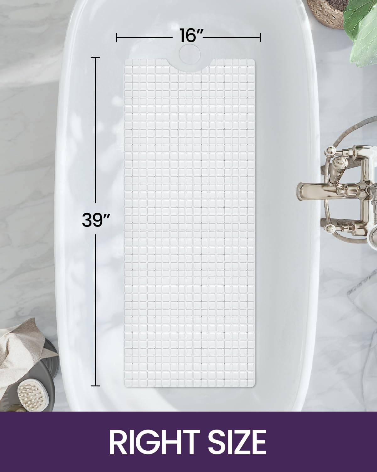 DEXI Bath Tub Shower Mat Non-Slip 16 X 39 Extra Long Bathtub Mats, Suction Cups, Drain Holes, Machine Washable Bathroom Mat, White image number 5