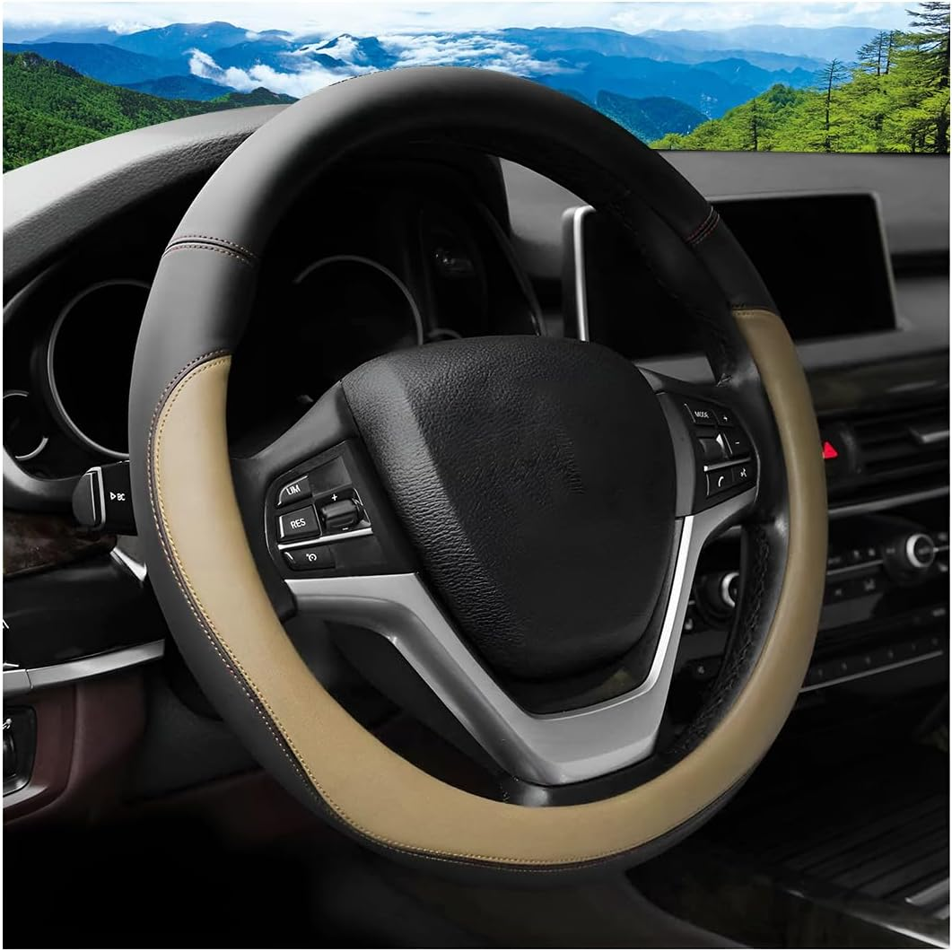 Car Steering Wheel Cover, 14.5"-15" Leather Anti-Slip Sporty Vehicle Steering Wheel Protector, Soft Breathable Auto Interior Decoration Accessories, Universal for SUV Truck Sedan (Grey)