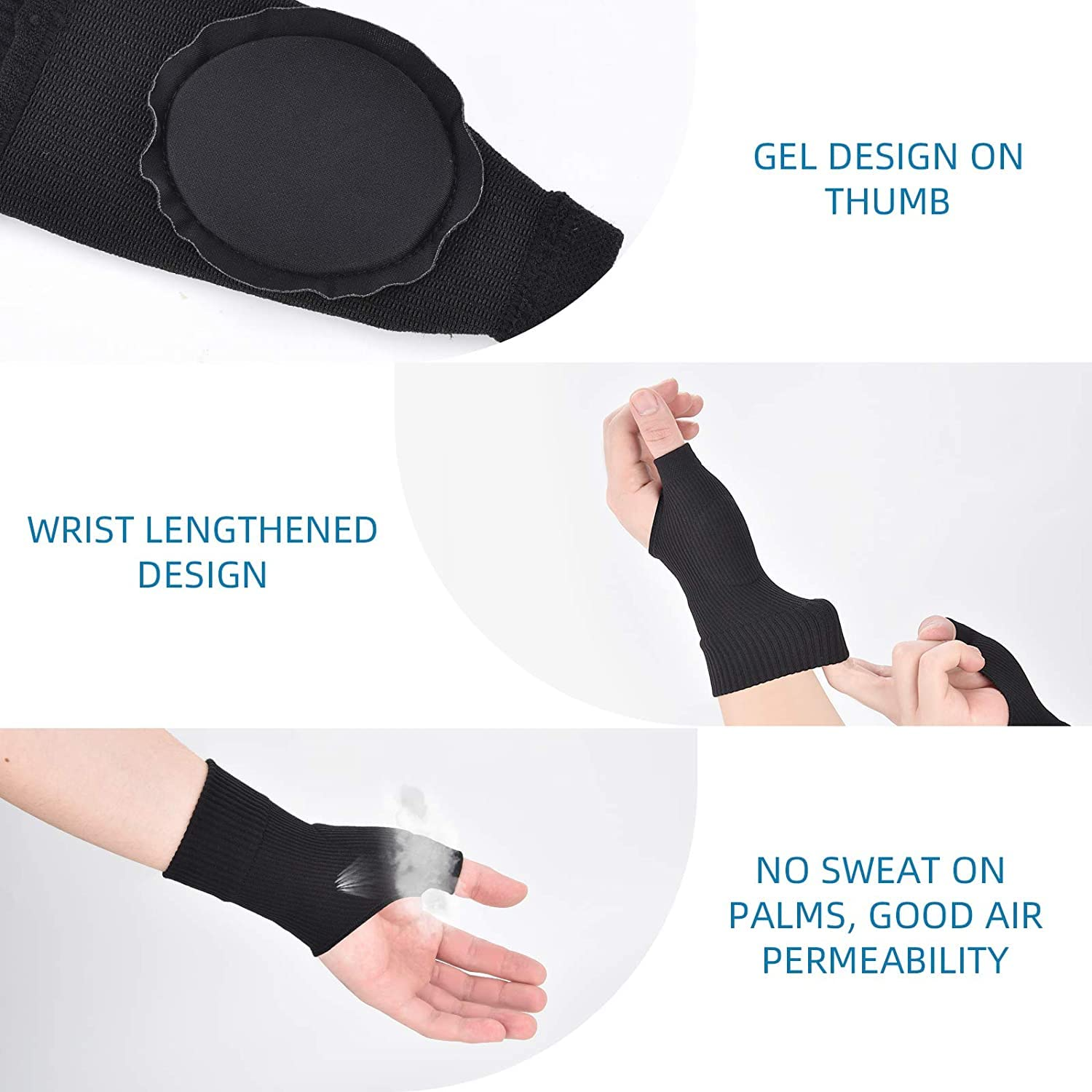 2PCS Gel Thumb Wrist Support Brace, Breathable Compression Arthritis Gloves for Thumb Arthritis, Carpal Tunnel, Tenosynovitis for Men and Women Fits Both Hands(Black) image number 4