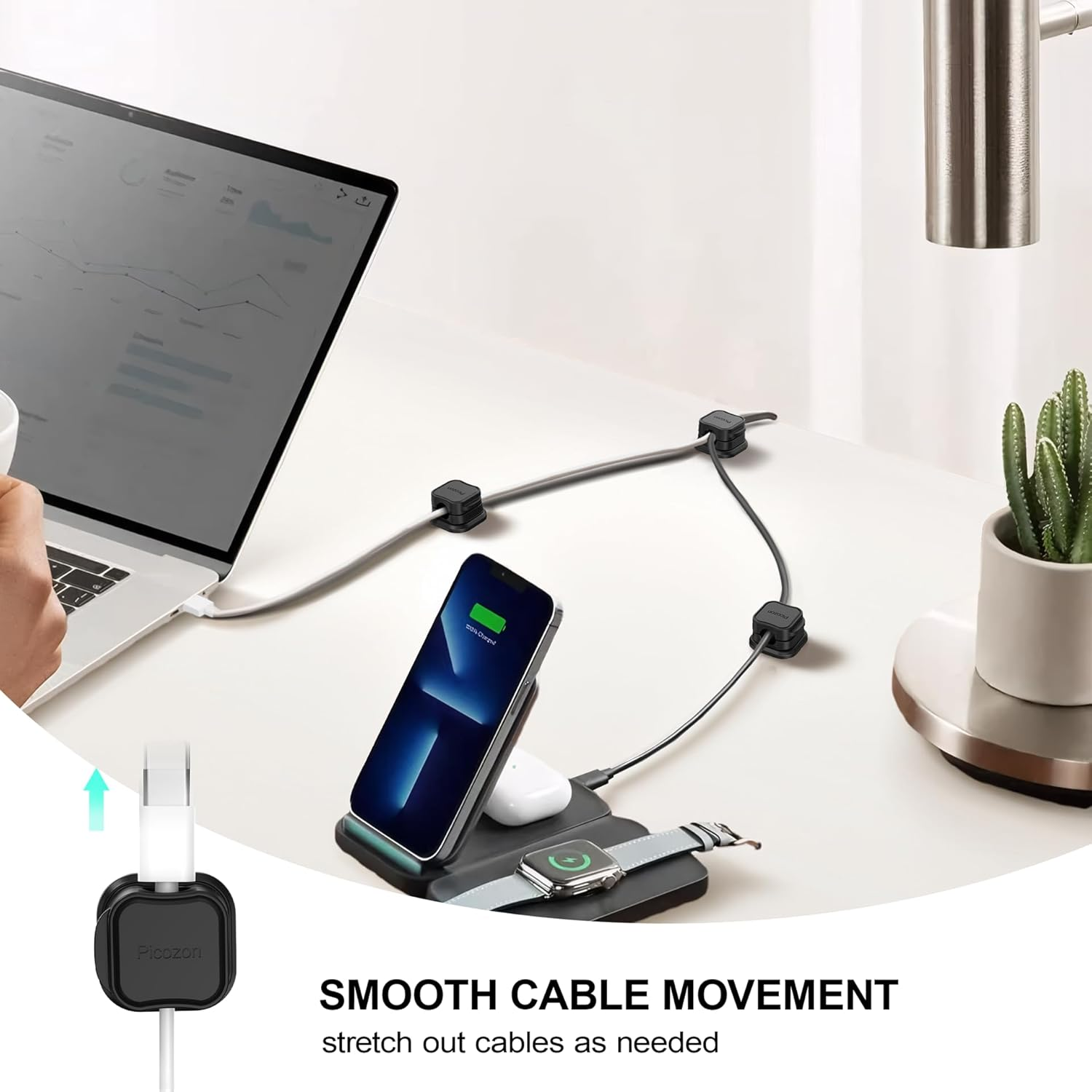 6 Pack Magnetic Cable Clip Organizer Cord Holder, Picozon Adhesive Cable Management, Wire Phone USB Charger Cable Holder Keeper Organizer for Car, Office Home Desktop, Wall, Night Table, Black image number 2