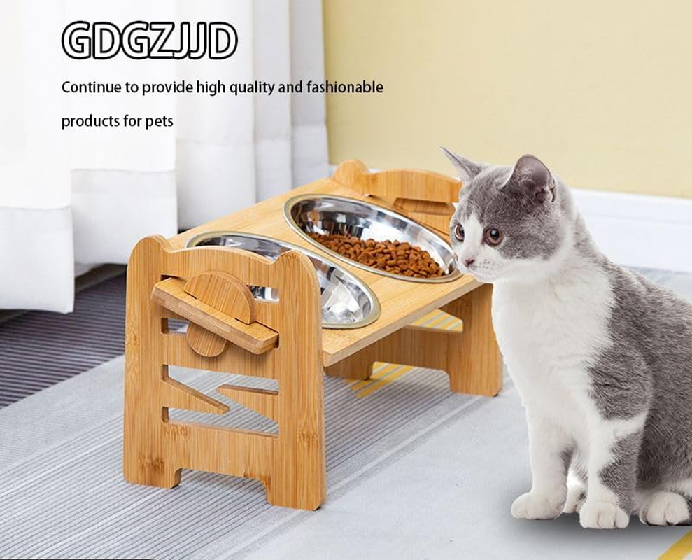 Adjustable Bamboo Pet Feeder Stand 2PCS with Stainless Steel Bowls, Anti-Slip Base & 15&deg; Tilt Angle for Dogs Cats 6-Level Height/Angle Food Bowl Holder, Easy Clean Dog Cat Feeding Station 014 image number 5