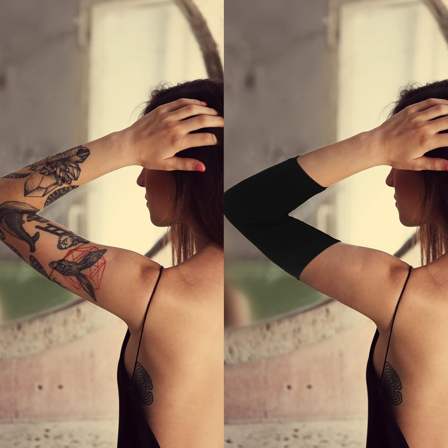 Vicenpal 2 Pairs Tattoo Cover up Sleeve Forearm Arm Sleeves for Women Men Compression Tattoo Upper Arm Cover, Black - Gray, Black image number 2