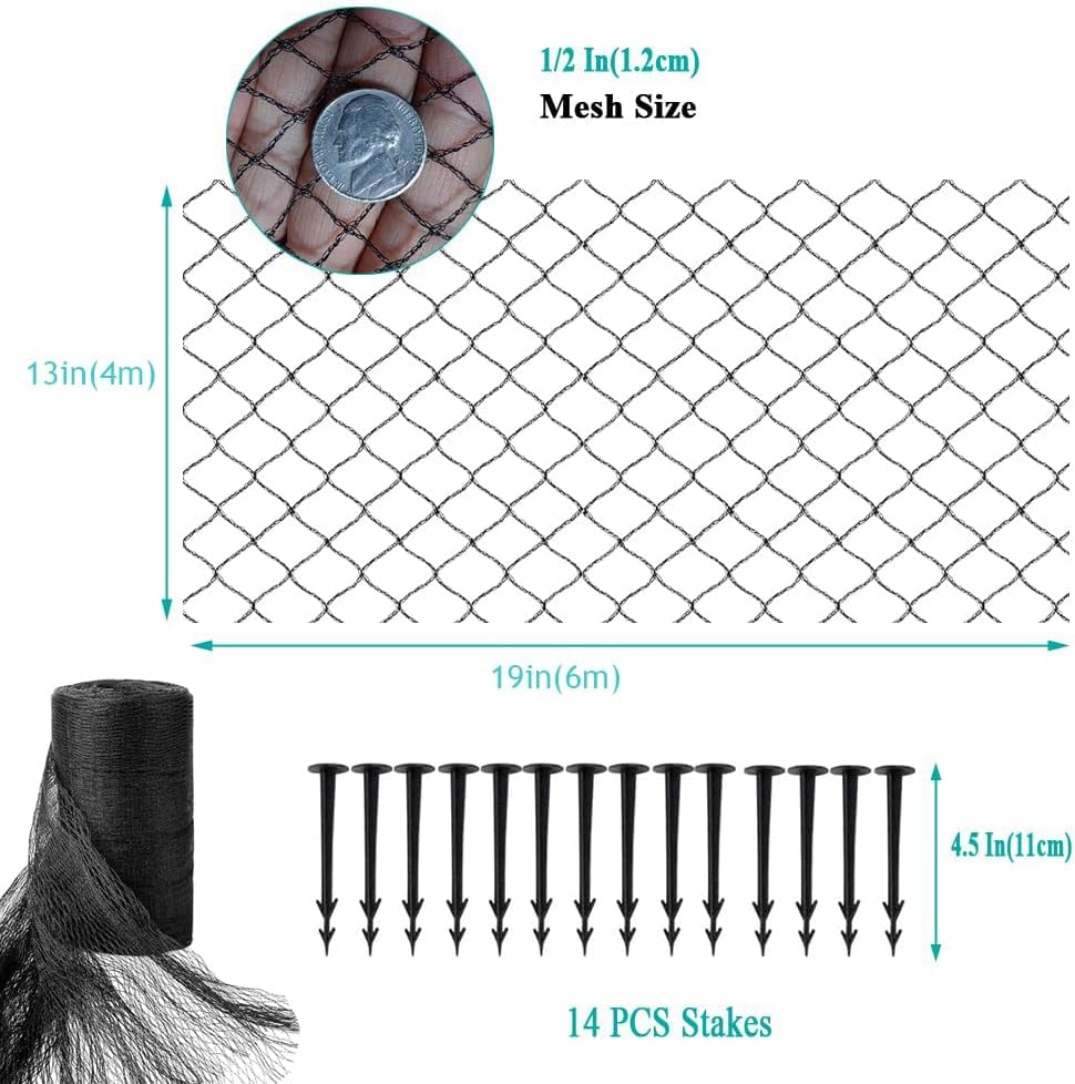 Koi Pond Netting for Leaves 13X19 Ft, 1/2 in Strong Woven Fine Mesh Pond Leaf Net Cover, Protecting Koi Fish from Herons, Raccoons, Birds, Cats & Predators, 14 Pcs Ground Spike Included