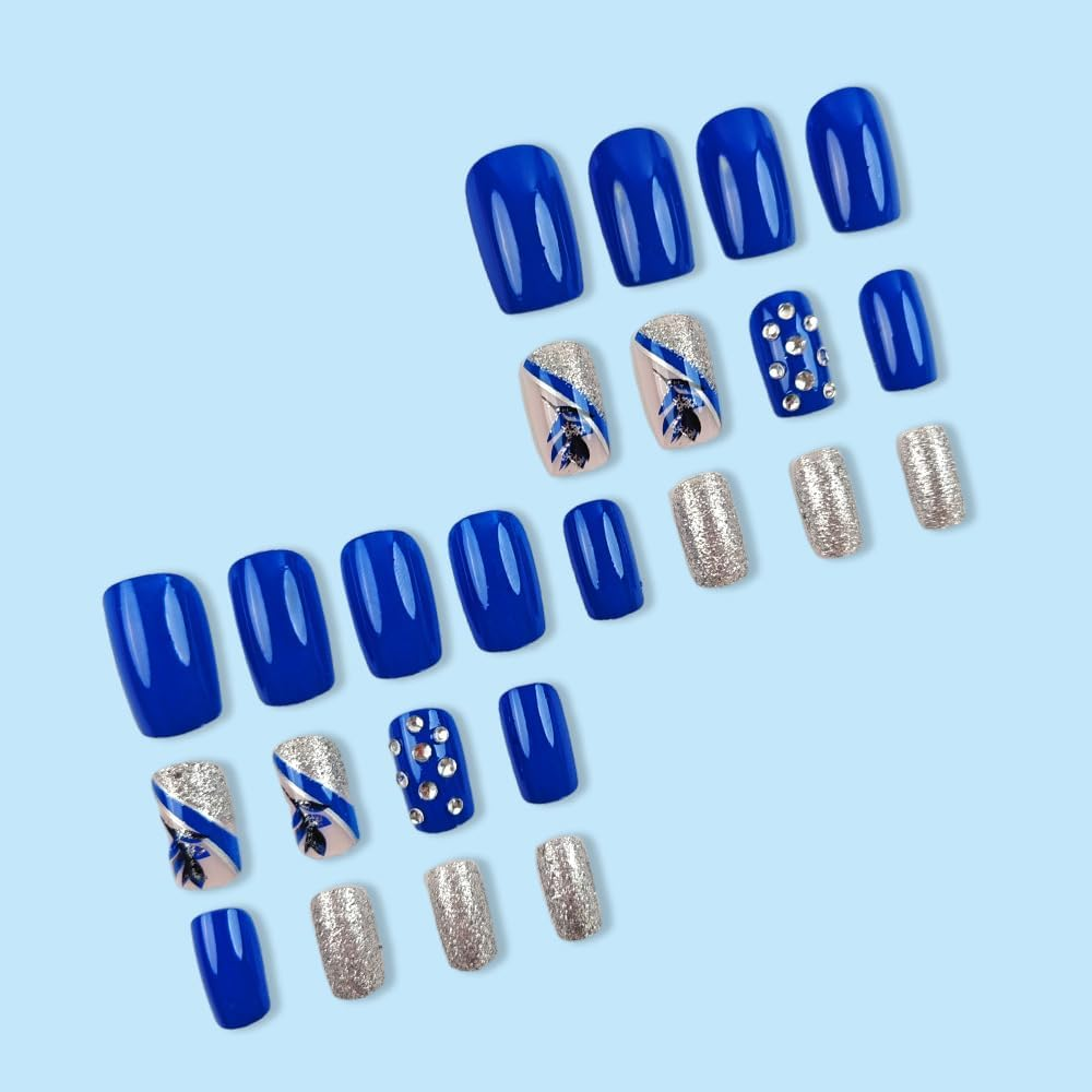 24 Pieces French Press on Nails Medium Length Square Artificial Nails Blue Rose Flower Fingernails for Sticking Glitter Silver Adhesive Nails Set Acrylic Nail Tips Women Spring Summer Nail Accessories - 424J6 image number 5