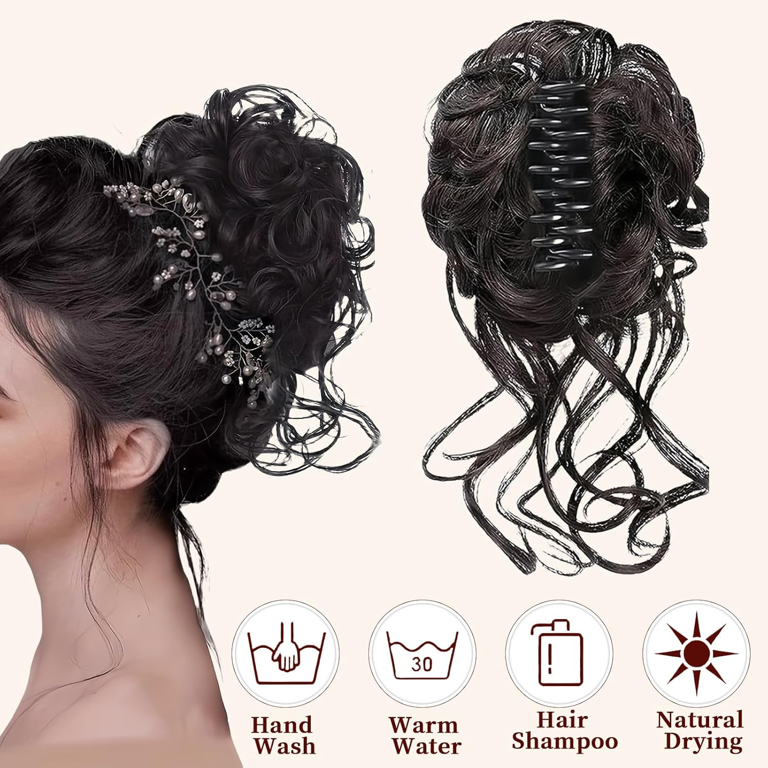 Diyxisk 1 Piece False Hair Bun and 2 Pieces Women'S Fake Hair Extensions Beautiful Bun Easy for Hair, Suitable for Women and Girls (Brown Black) image number 2