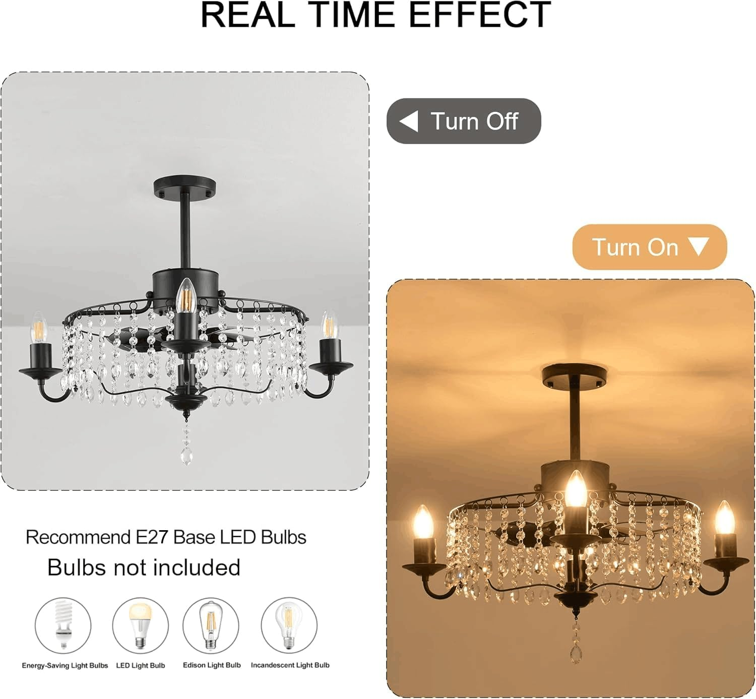 Jaycomey 19.6In Crystals Ceiling Fan with Lights, Bladeless Black Fandelier Ceiling Fan with Remote, Industrial Flush Mount Ceiling Fan Lights Ceiling Fixtures for Kitchen Bedroom (6 Speed, Timing) - Blackcrystal/19.6Inch/Round/Cage image number 7