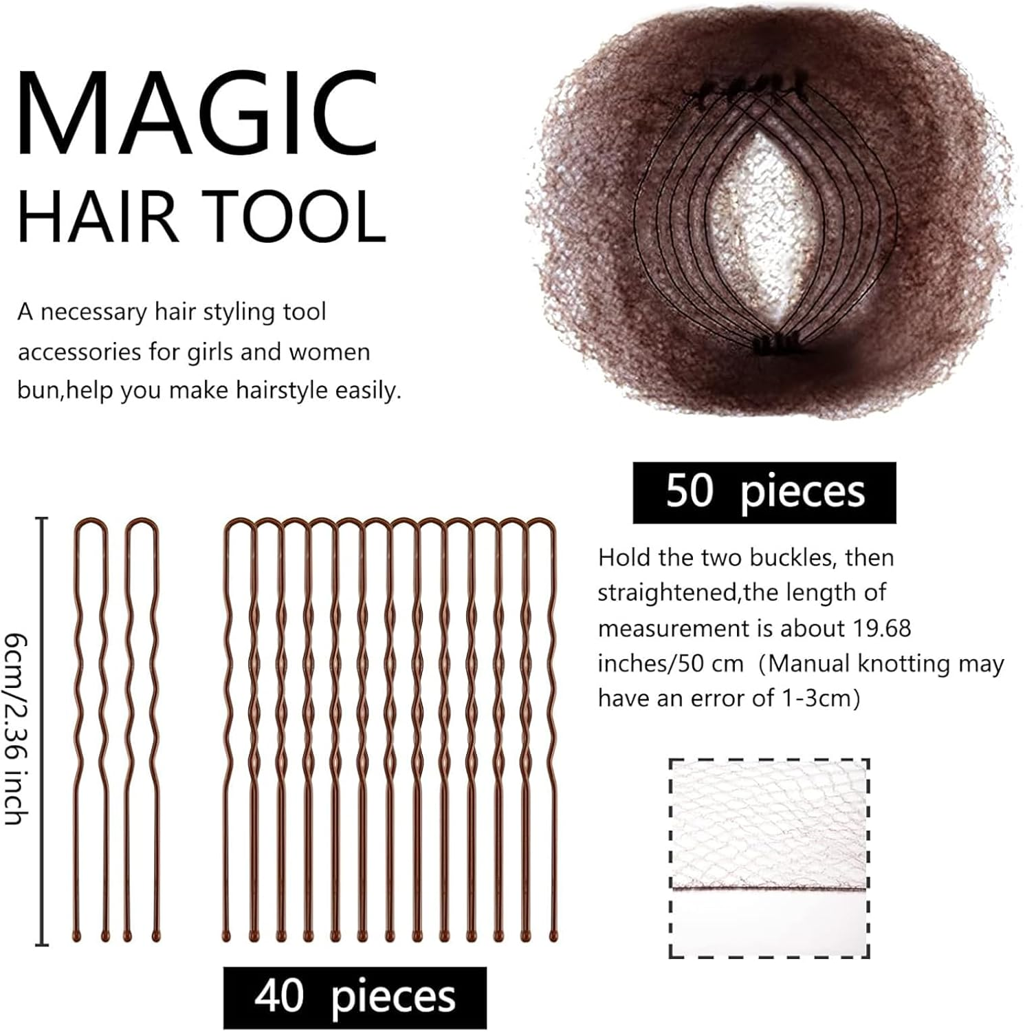 Flutesan 90 Pcs Ballet Bun Net and U Shaped Pins Set for Women Girls, Elastic Brown Net for Dancer Bun Making image number 4