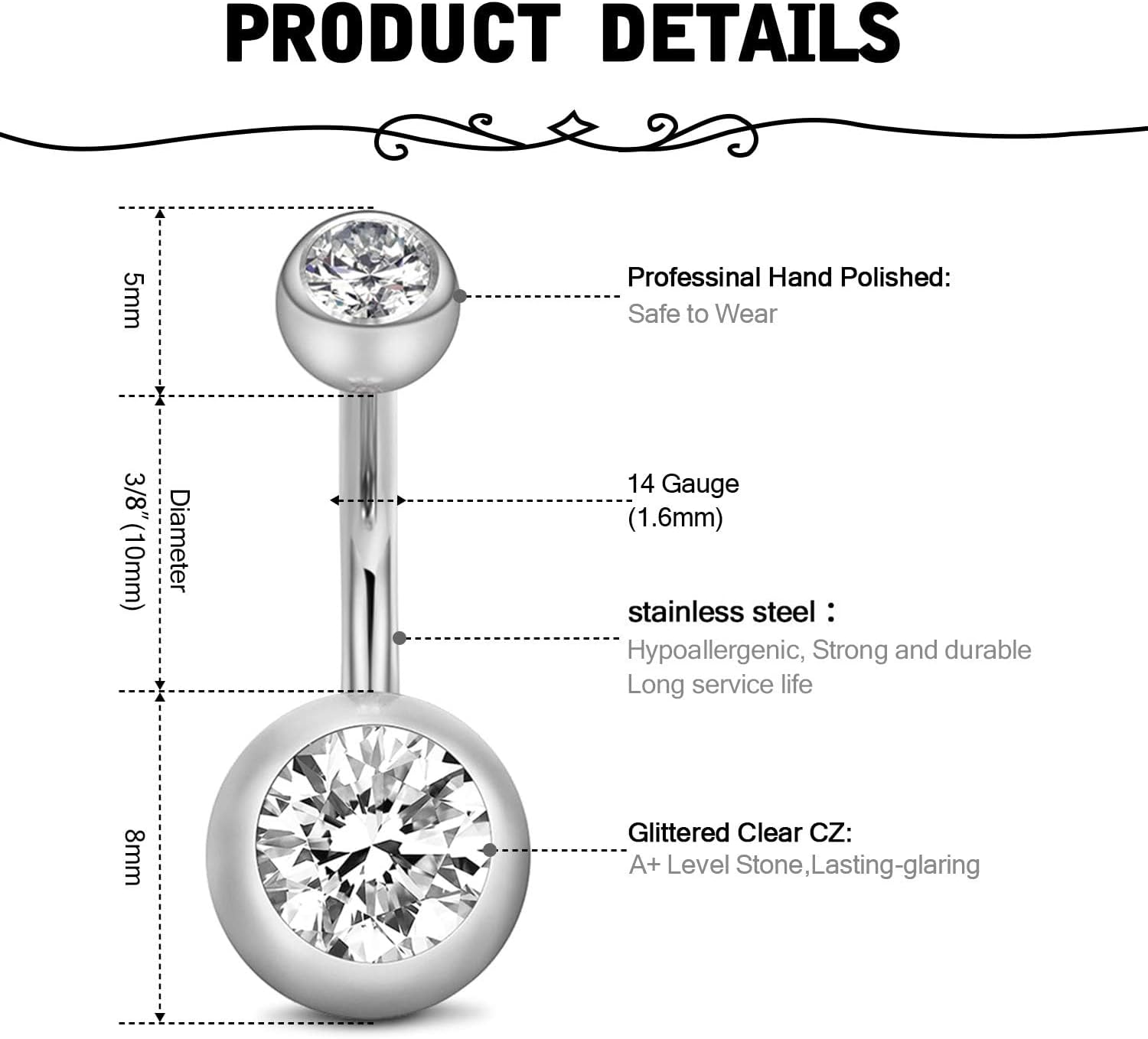 Briana Williams 14G Belly Button Ring Belly Button Piercing Belly Rings Surgical Stainless Steel Belly Navel Rings Body Jewelry for Women Silver Gold image number 5