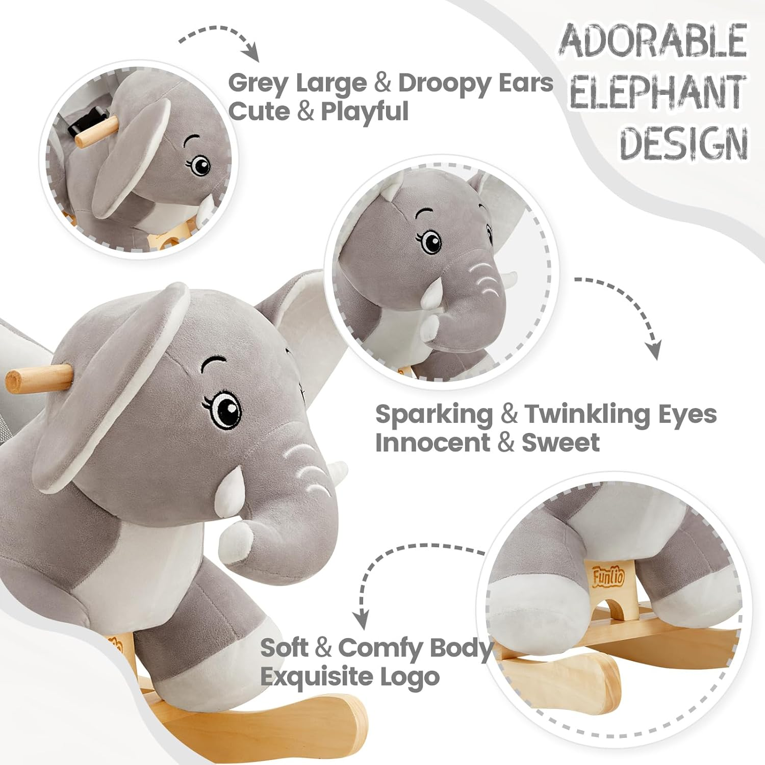 FUNLIO Elephant Baby Rocking Horse for Toddlers 6 Months to 3 Years, Cute & Graceful Grey Elephant Rocker for Baby Girl, Stuffed Plush Ride-On Rocking Animal, Easy to Assemble, CPC & CE Certified image number 3